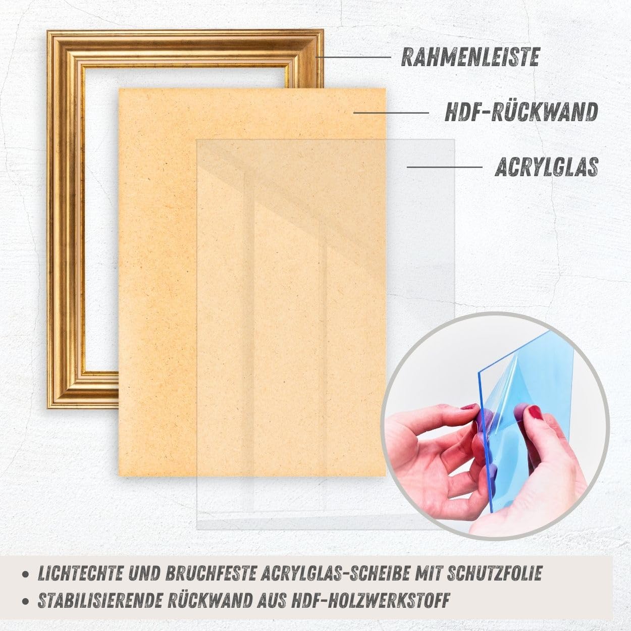 N°75 Barock Bilderrahmen 20x20 cm Bildmaß, Gold, Massivholz | breite Echtholz-Profilleiste, Acrylglas glasklar & bruchsicher, Vintage-Stil, HDF-Rückwand, Metallaufhänger, handgefertigt