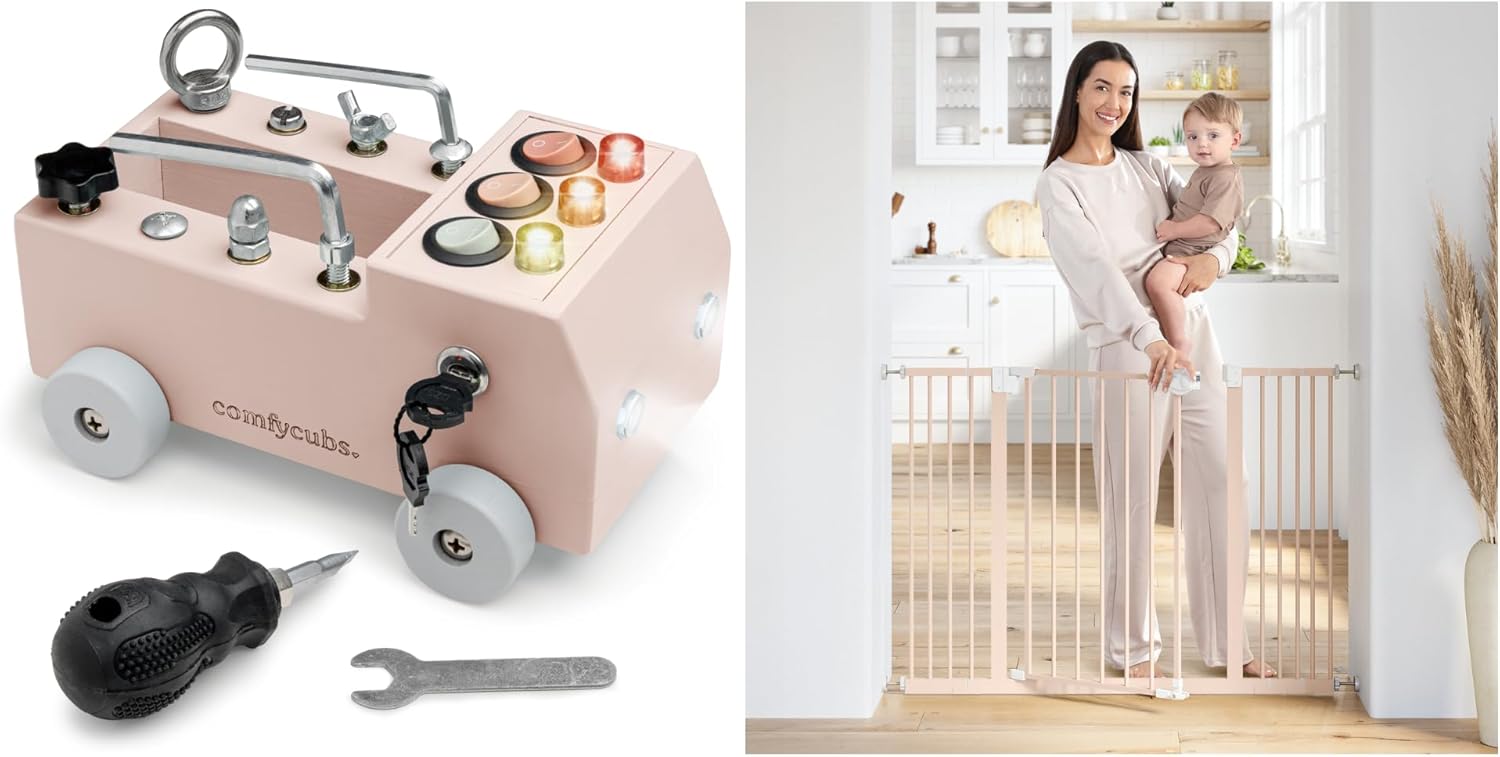 Comfy Cubs Busy Board Toy Truck Set and Baby Safety Gate Bundled