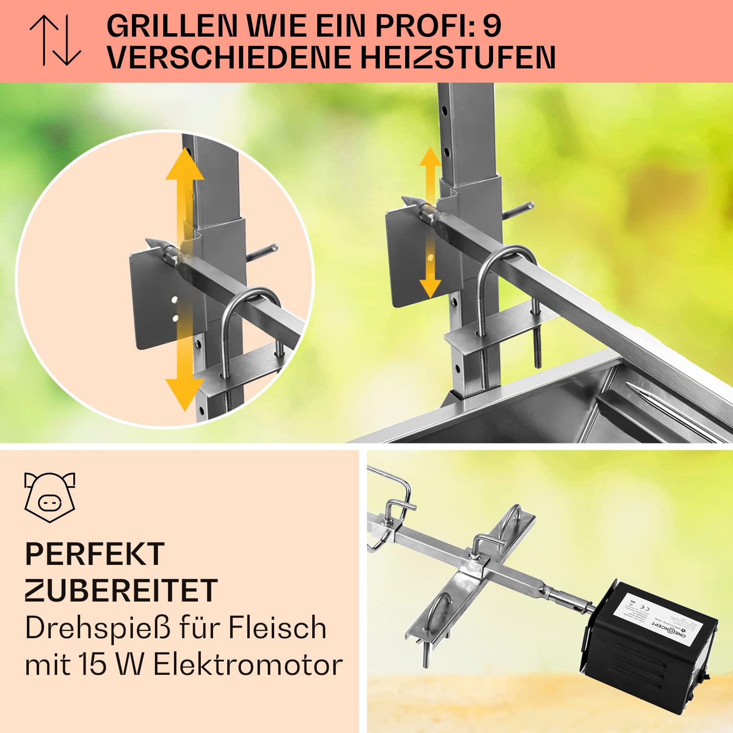 Oneconcept Sauenland Mobiler Lammgrill Spanferkelgrill mit Motor und Edelstahl-