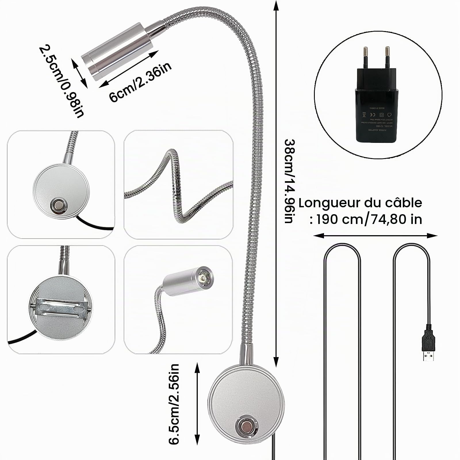 Lampe de Lecture Dimmable Tactile, Lumière Liseuse Murale Intérieur LED avec Interrupteur et Port de Chargement USB 360°Lampe Lit à Col de Cygne Flexible Applique Chevet Chambre avec Adaptateur EU