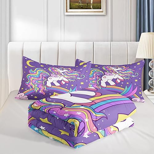 Miniatura 4 de QOOMO Edredón de unicornio tamaño individual, juego de edredón de unicornio arcoíris para niños, adolescentes y niñas, juego de ropa de cama de 3