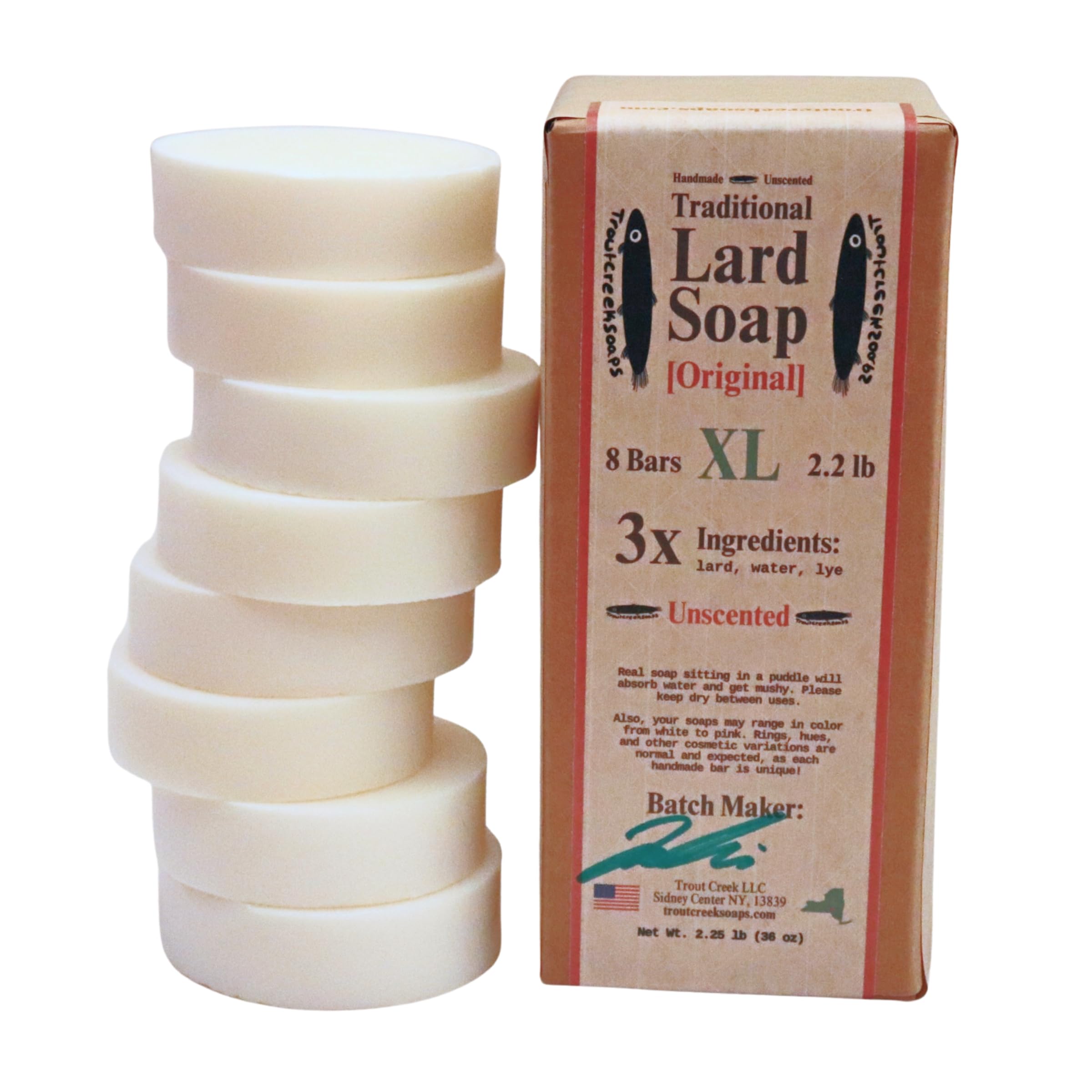 troutcreeksoaps Traditional Lard Soap, 8 Bars, 2.2lb | Natural, Unscented & Biodegradable | Handmade with Just 3 Simple Ingredients | Pig Tallow Bar Soap Made in the USA