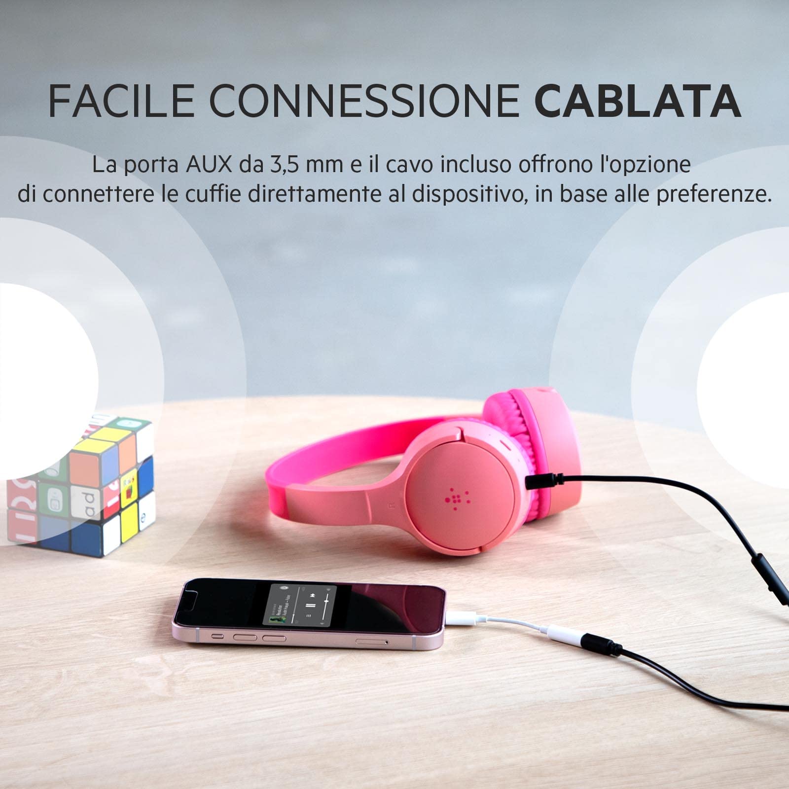 Belkin SoundForm Mini, cuffie wireless per bambini con microfono integrato, headset on-ear per didattica a distanza, scuola e viaggi, compatibili con iPhone, iPad, dispositivi Galaxy e altro- Rosa