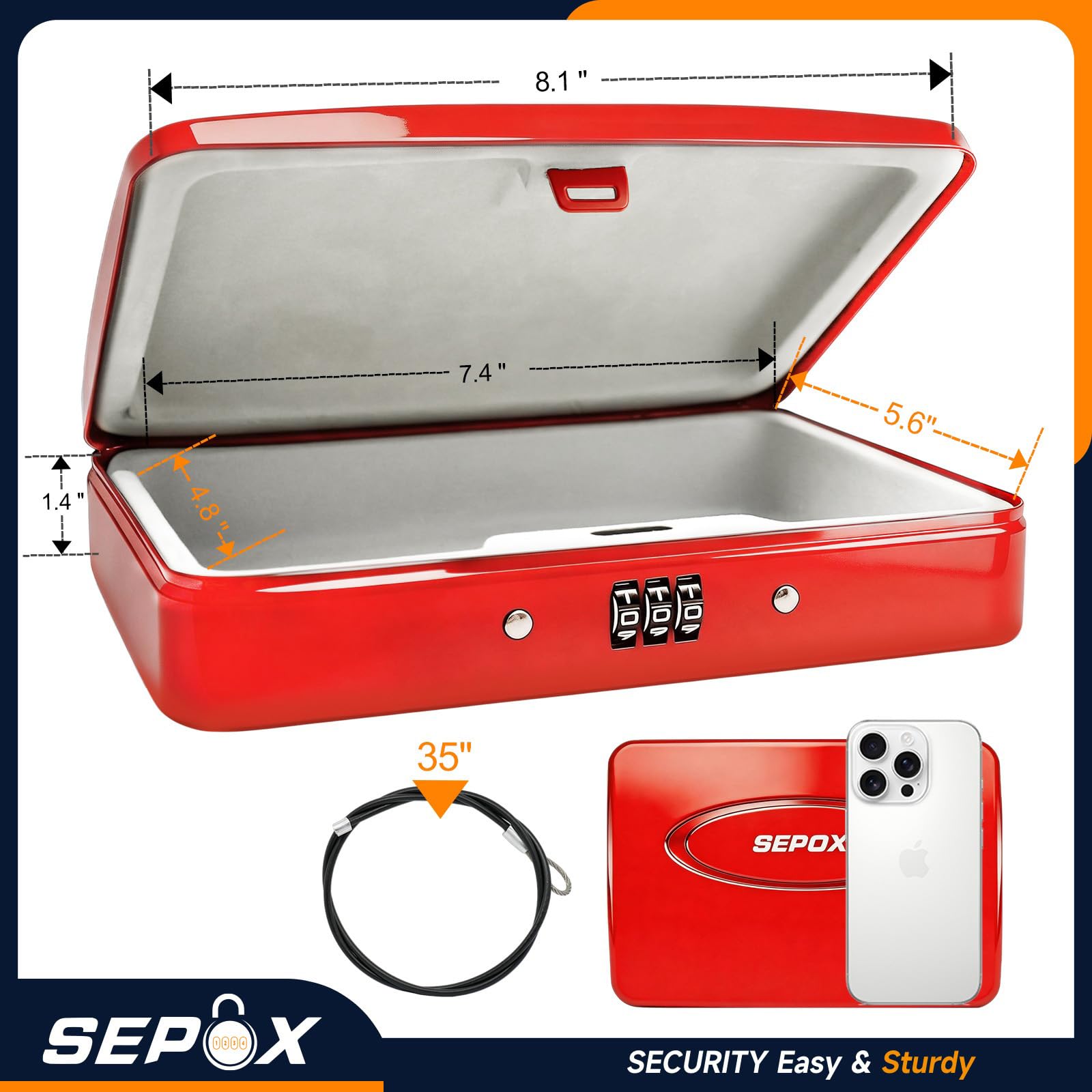 SEPOX® Twins - Cassetta di sicurezza portatile in acciaio, per piccoli oggetti, con cavo da 9 m e serratura a combinazione richiudibile, per dormitorio, auto, sport, ufficio (rosso)