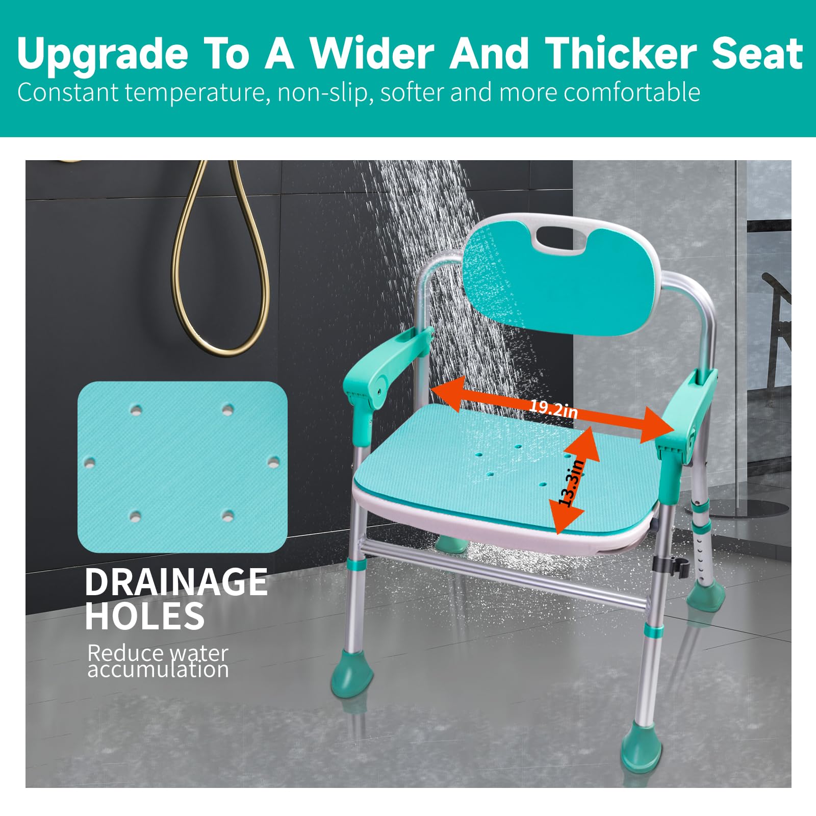ENLUNTRA Silla de ducha con brazos y respaldo, silla de ducha plegable de 5 niveles ajustable, asiento de ducha antideslizante para ancianos, discapacitados, embarazadas