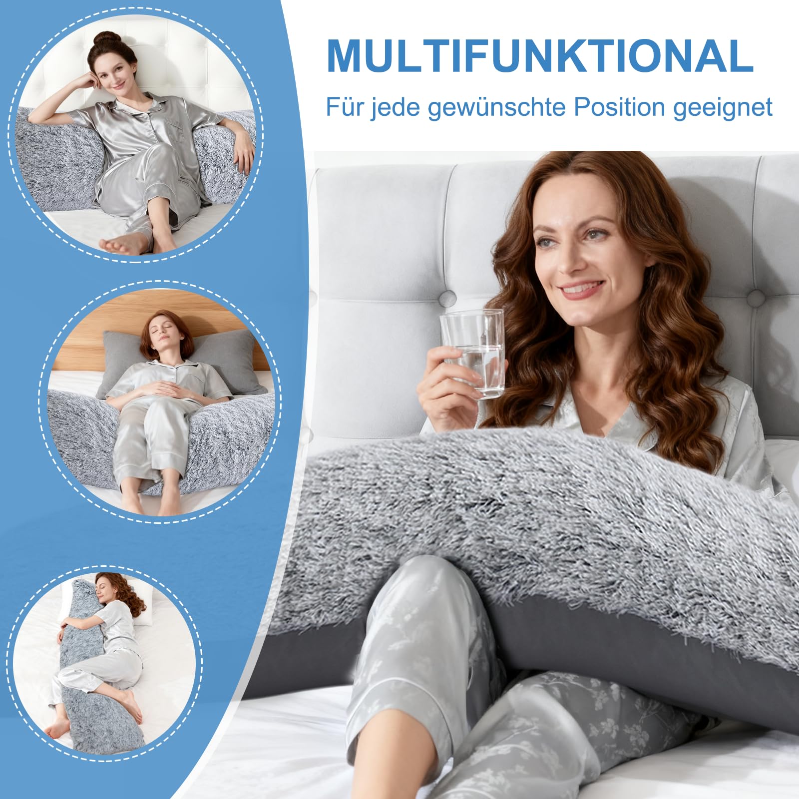 Memory Foam Seitenschläferkissen für Erwachsene – 2,65KG Ganzkörperkissen mit Plüsch Abnehmbarem Bezug, Warm Kuschelig Schwangerschaftskissen Schlafkissen und Stillkissen, Grau, 136x51 cm