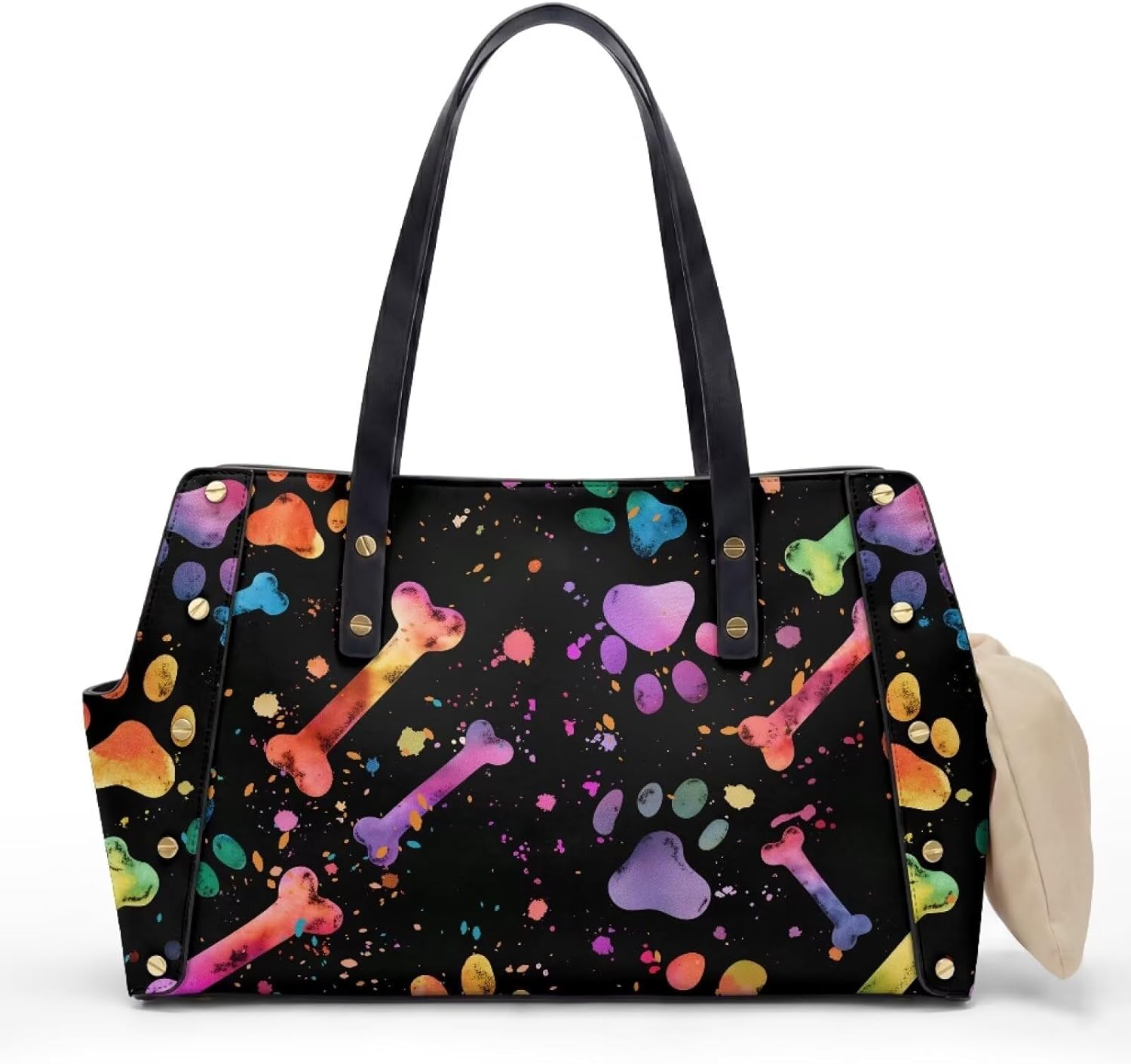 COEQINE Puppy Bag Carrier Sling Purses for Women Paw Prints Black Leather Bag Breatheable Dog Travel Bag for Supplies,15x9x6 in