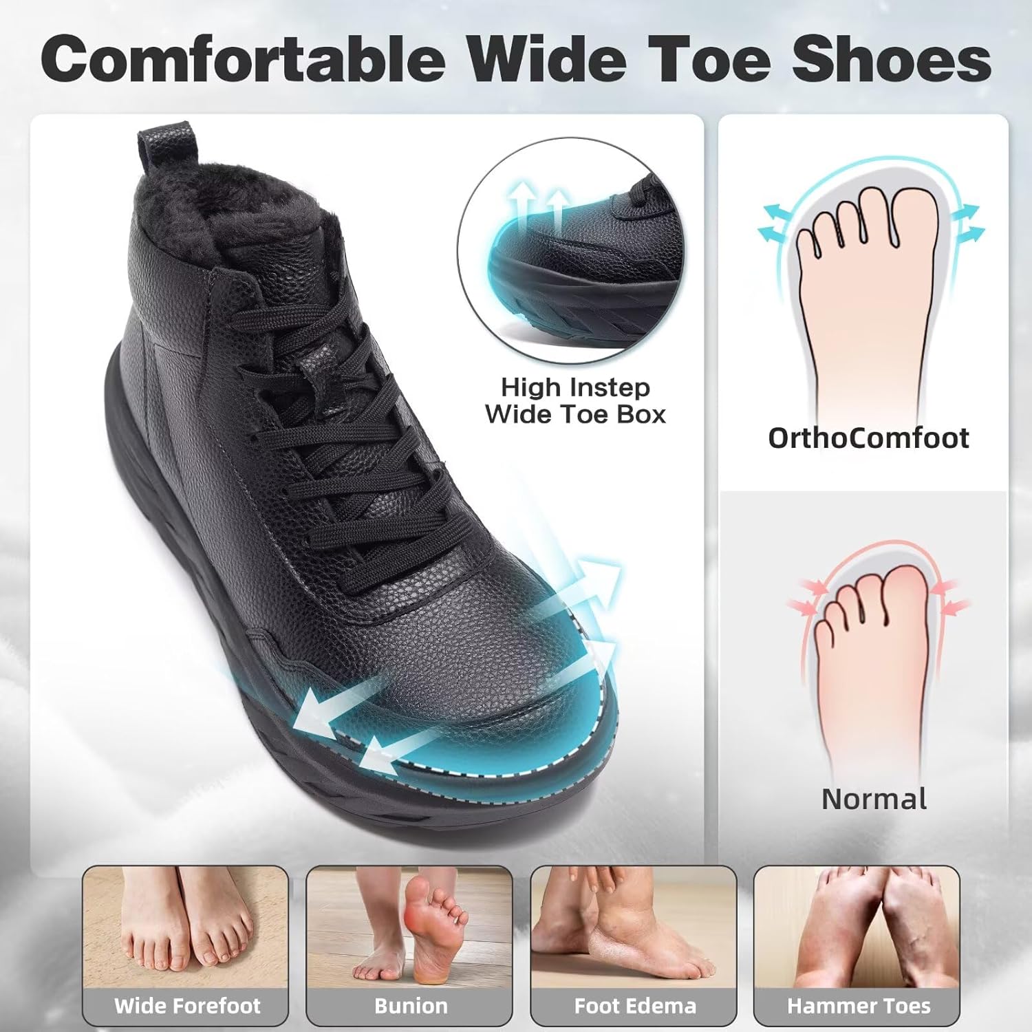 Men's Orthopedic Diabetic Winter Boots: Wide Toe Box Dress Comfortable Arch Support Plantar Fasciitis Leather Oxfords Walking Shoes, Casual Warm Ankle Mid Boots for Foot and Neuropathy Pain Relief - Image 2