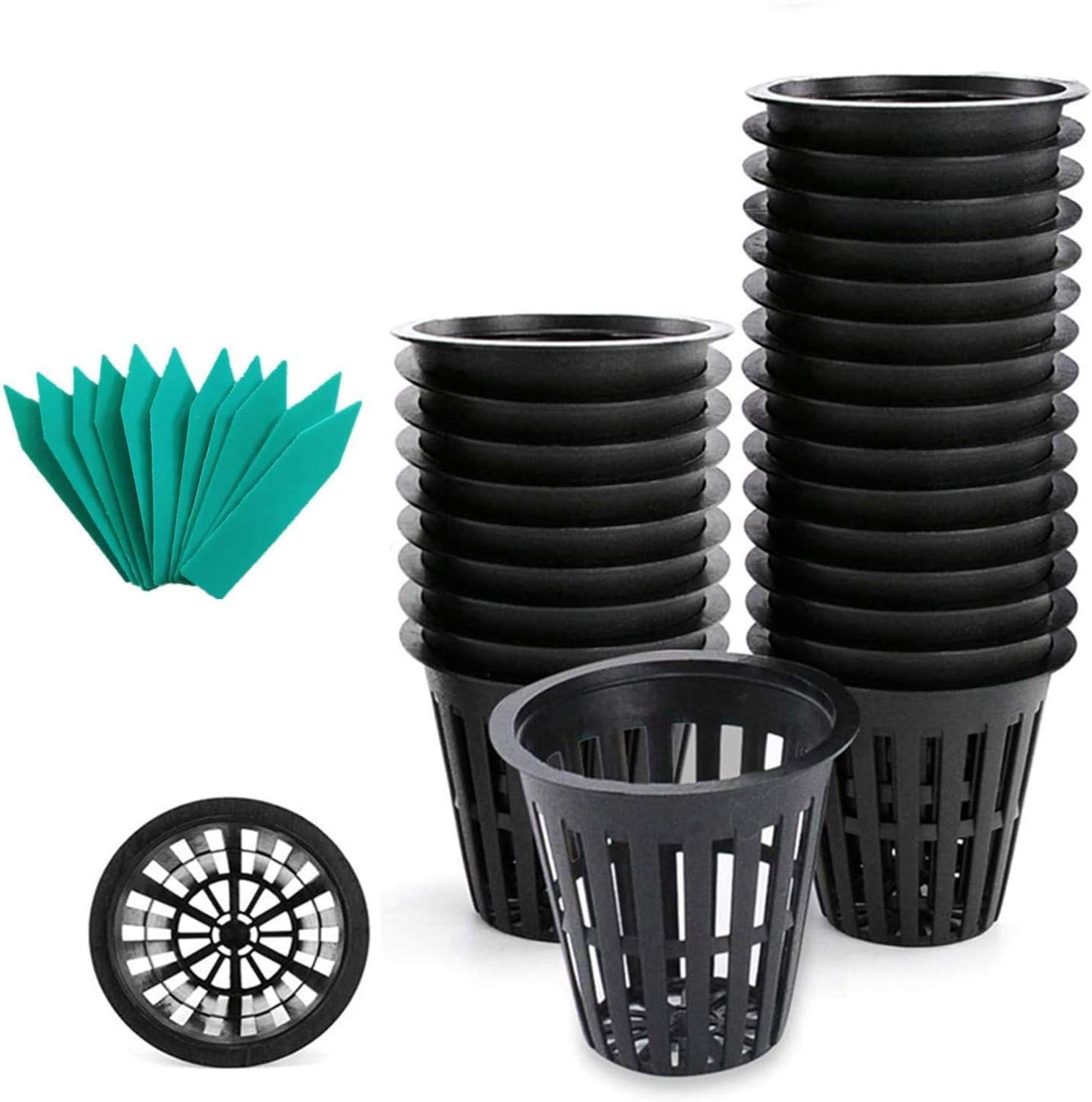 SYOURSELF Nursery Pots 50 Pack 2 inch net Pot, Garden Slotted Mesh Plastic Plant Net Cup with 50 Plant Labels, Heavy Duty Wide Lip Round Bucket Basket for Hydroponics(Black)