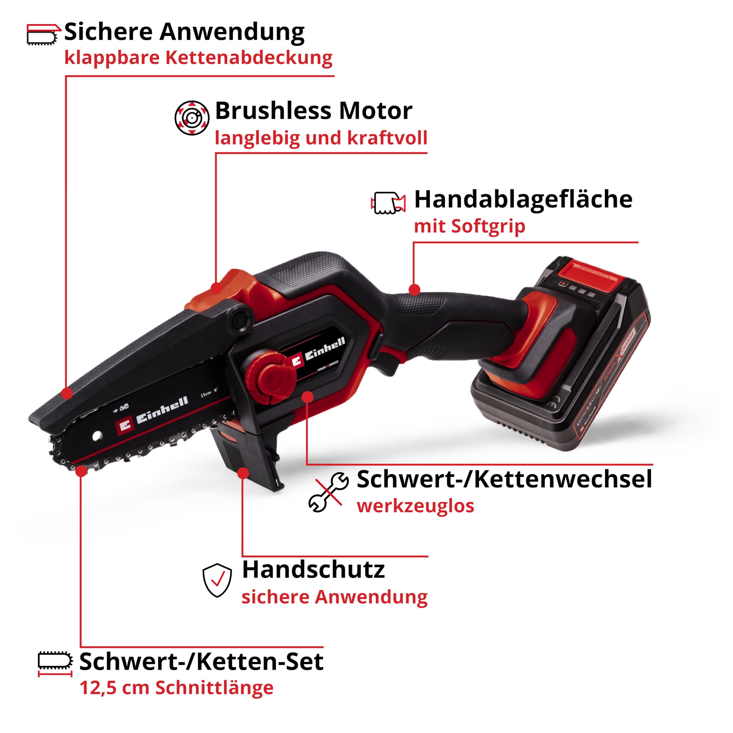 Einhell Akku-Astkettensäge GE-PS 18/15 Li BL Kit Power X-Change (18 V, Brushless, 12,5 cm Schnittlänge, werkzeugloser Schwert-/Kettenwechsel, inkl. 2,5 Ah Akku, Ladegerät, E-Case S-F)