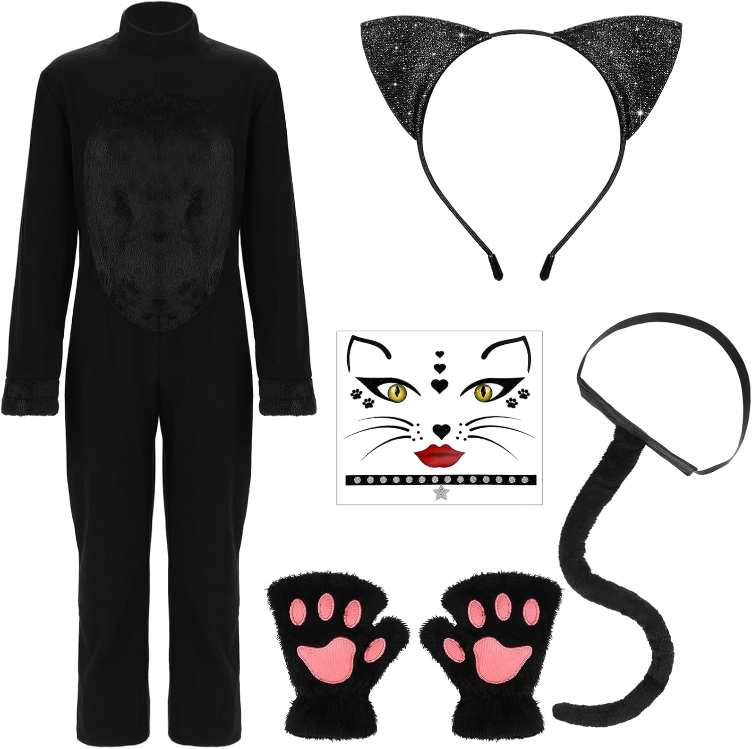 Ramede Halloween Black Cat Costume for 6-16 Years Girls Black Cat Costume with Gloves Headband Tail Stickers for Kids Size 130