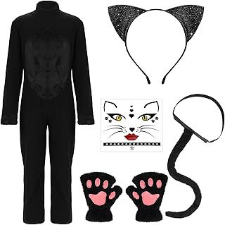 Ramede Halloween Cat Costume for 6-16 Years Girls and Boys Black Cat Kids Costume with Gloves Headband Cat Tail Face Stickers(Size 130)