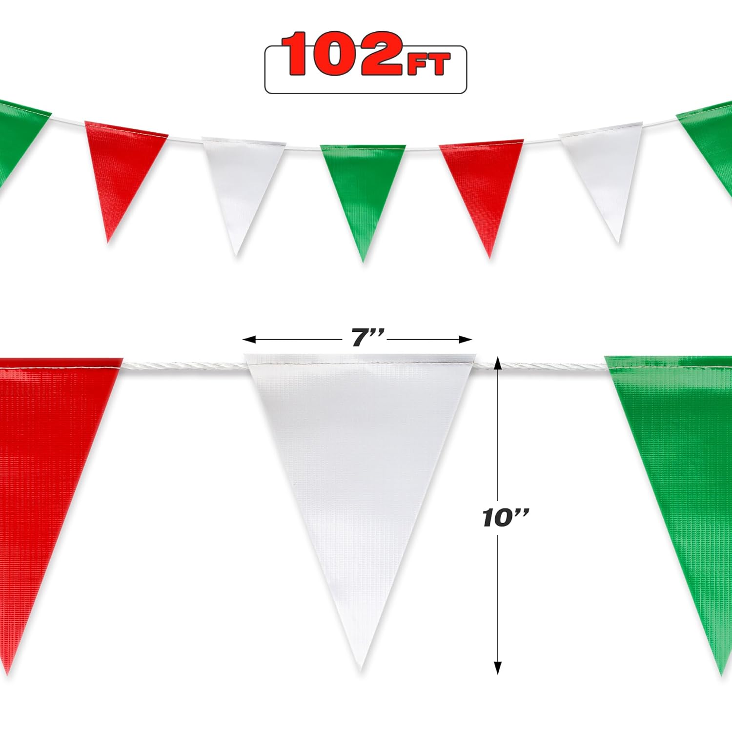 Red & White & Green Pennant Banner Flags | OSHA 500lb Rated | Strand Fade Resistant 【102FT】