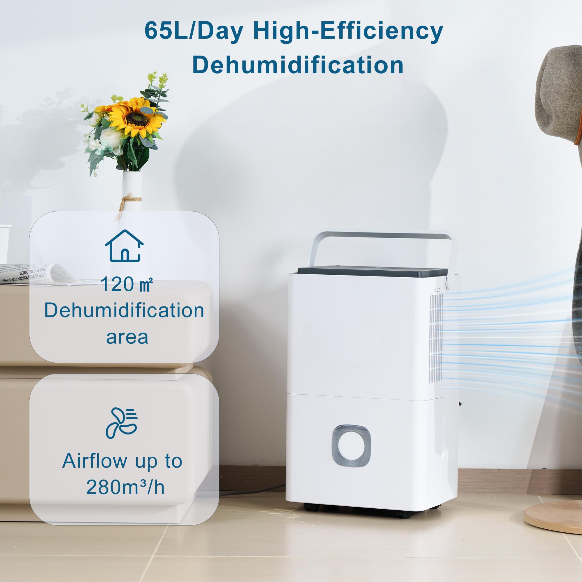 Deumidificatore Casa Muffa Elettrico: 65L/24h Deumidificatori Ambienti 120㎡Serbatoio 4.5L Scarico Continuo Modalità Smart Silenzioso e Portatile per Bagno Cantina Ufficio Garage Appartamento