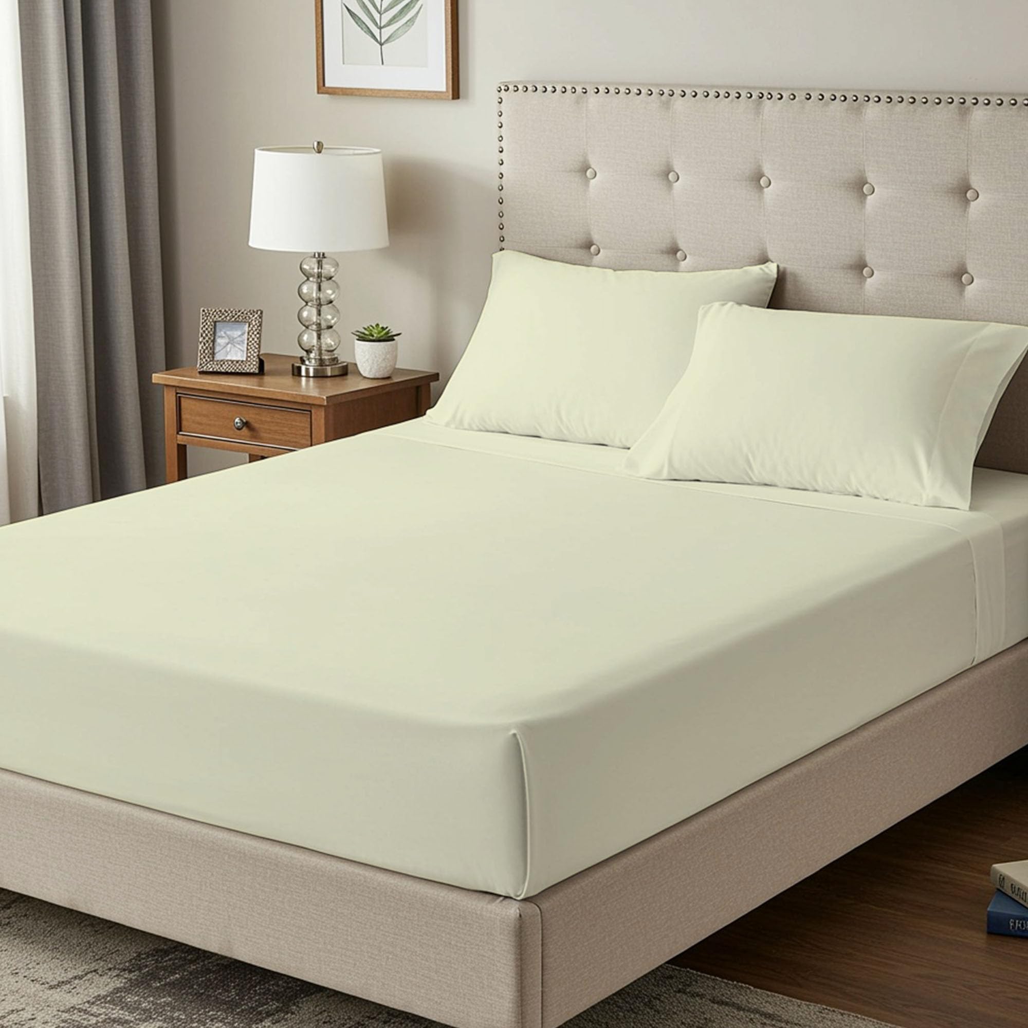 Bloombedding Cream 100% Egyptian Cotton 400Tc Single Fitted Sheet, 35Cm Deep Pocket