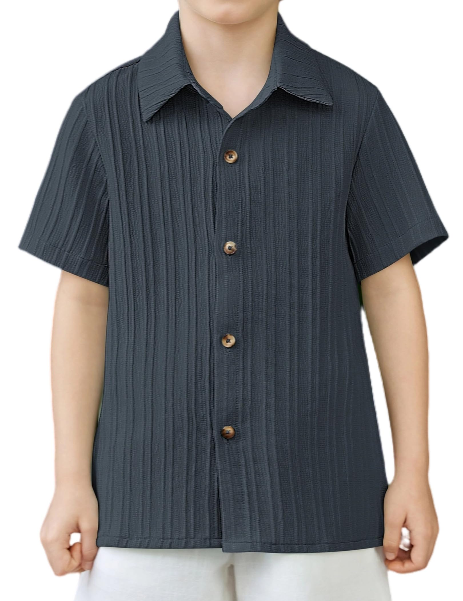 Arshiner Boys Casual Short Sleeve Button Down Shirt Fashion Textured Summer Beach Shirt 3-13 Years Old