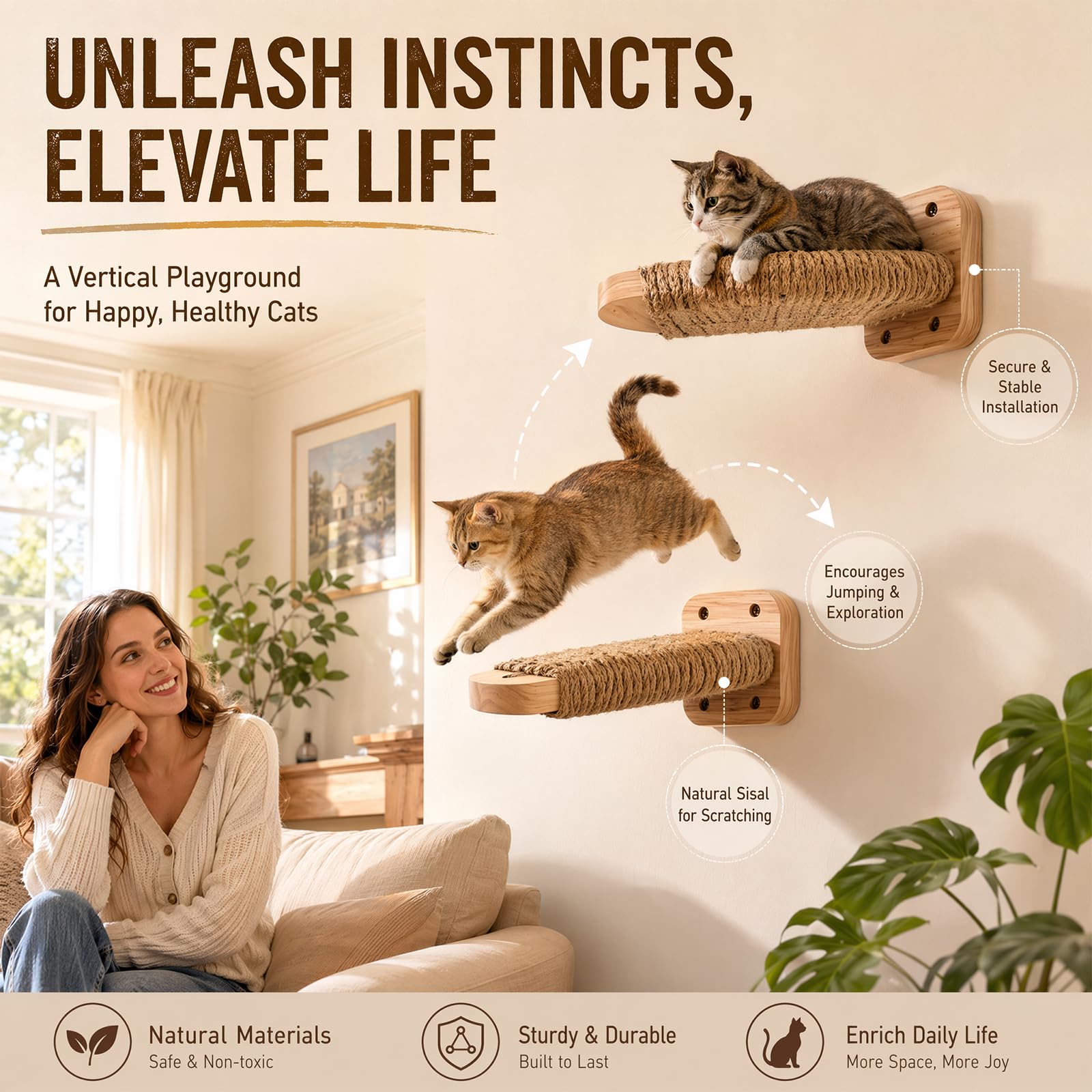 Lot de 2 escaliers muraux pour chat, mur d'escalade, planches pour chat avec corde de jute à gratter, plateforme pour chat en bois d'hévéa massif, pour escalade, jeu, capacité de charge maximale de 35
