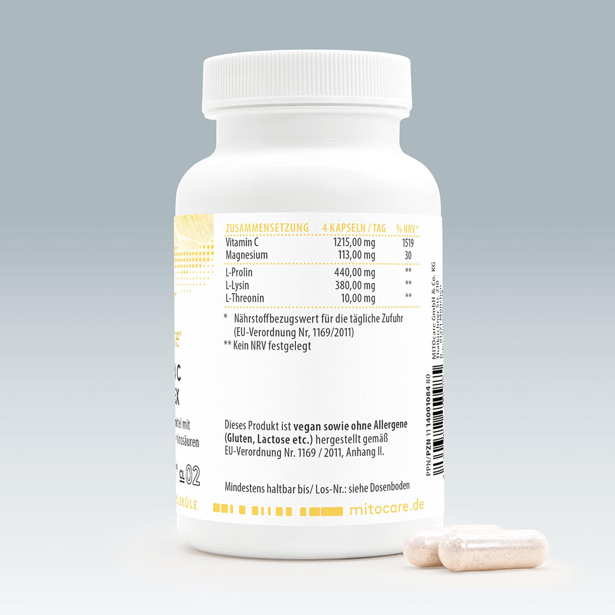 MITOcare Vitamin C Komplex - Nahrungsergänzungsmittel für ein starkes Immunsystem - Ergänzt mit Magnesium und Aminosäuren, schützt die Zellen und beugt Müdigkeit vor - Monatspackung mit 120 Kapseln