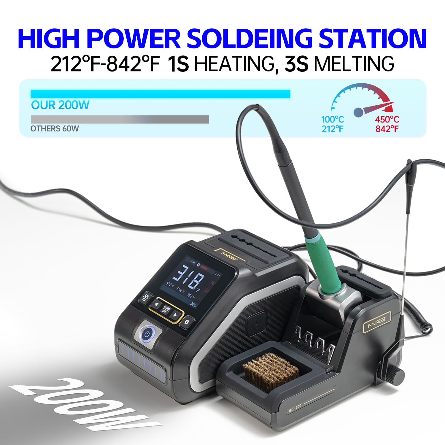 FNIRSI DWS-200 200W 245 Kit stazione di saldatura digitale di precisione con 6 punte per saldatore F245 e 2 mani di aiuto, valore di temperatura e modalità curva, 3 conservazione della temperatura,