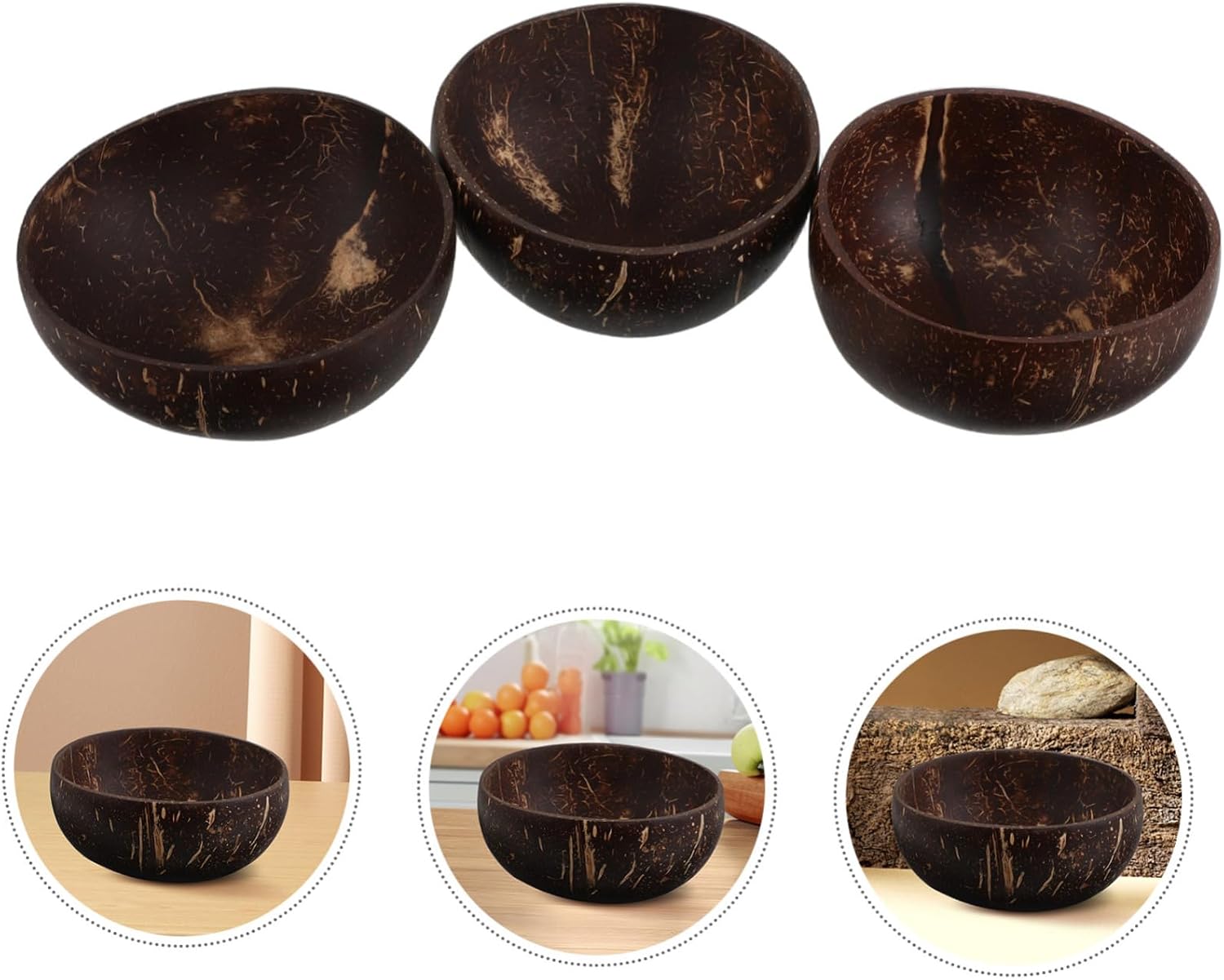 3pcs Natural Coconut Shell Serving Bowls for Fruit Salad Xmas