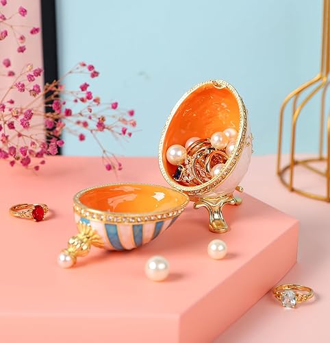 Miniatura 5 de Hueco Faberge Huevo Caja de baratija con cisne decorativo esmaltado con bisagras adornos de metal regalo para decoración del hogar