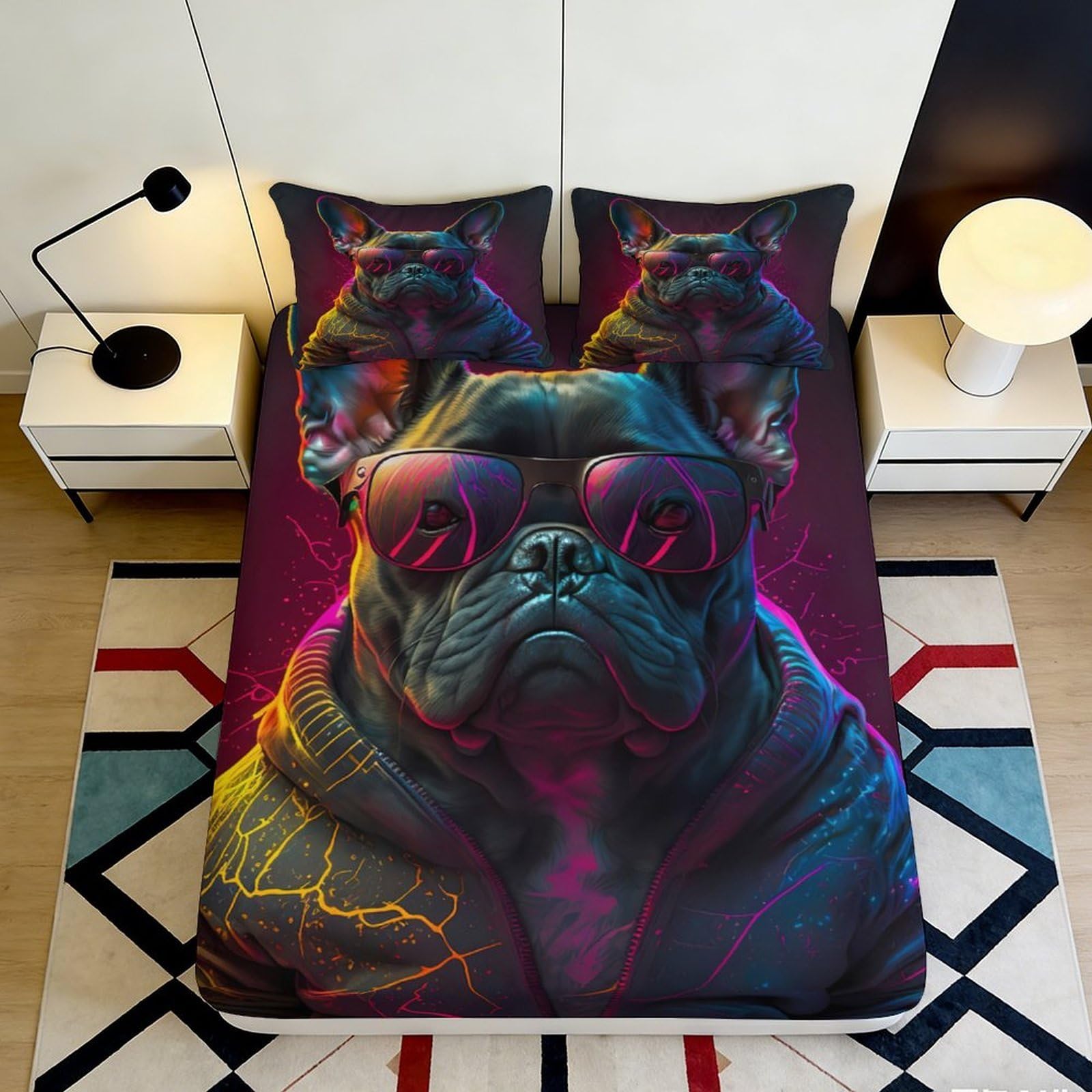 Pnayamiorkfel Style-7 3D Printed Neon French Bulldog Fitted Sheet Microfiber Soft Breathable Graffiti Bed Cover For Bedroom Dorm Decor 90X200x25cm