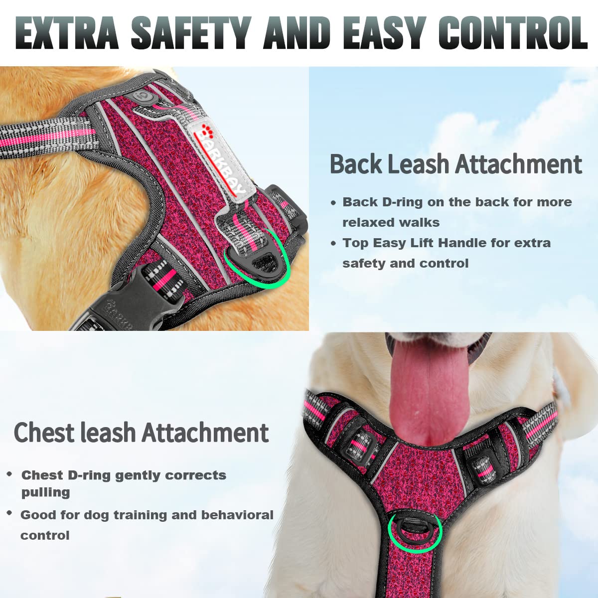 BARKBAY No Pull Dog Harness Large Reflective Dog Harness with Front Clip and Easy Control Handle for Walking Training Running with ID tag Pocket(Pink/Black,M) - Image 3
