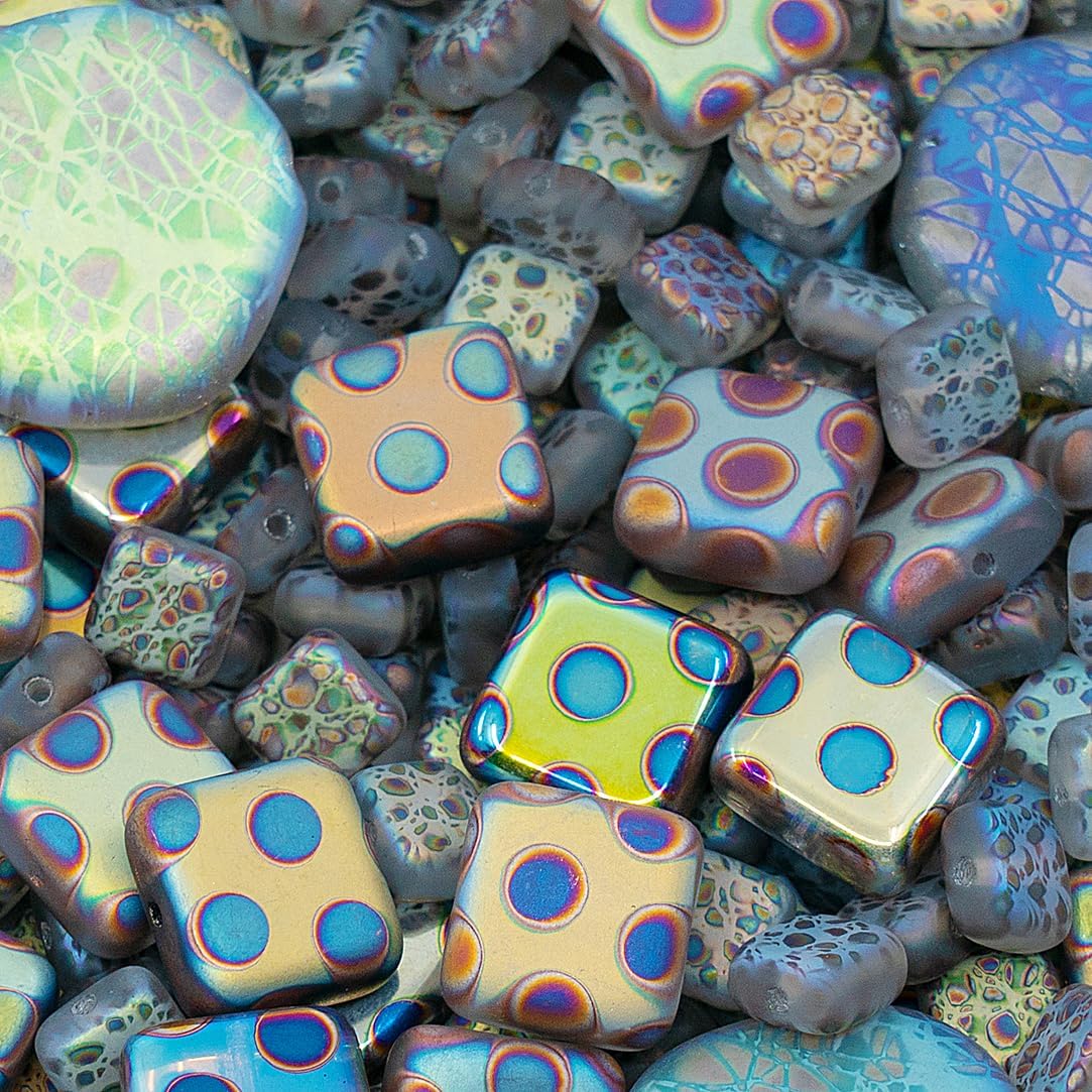 1.75 oz (50g) Mix of Unique Czech Bohemia Glass Pressed Beads, Light Blue AB Sliperit, Patterned, Matte and Glossy, Hand Made BCV - Image 3