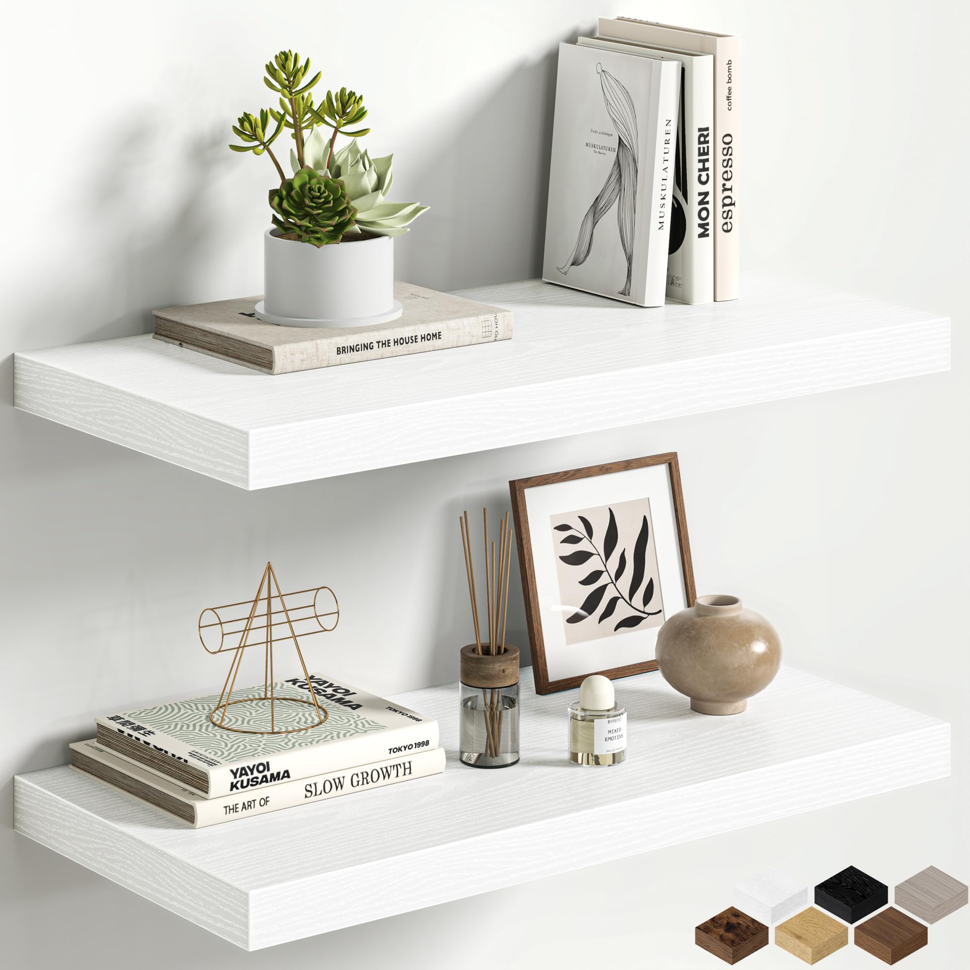 White Floating Shelves for Wall, 24 Inch Floating Shelves Set of 2, Wall Mounted Rustic Wood Shelf for Bathroom, Living Room, Bedroom and Kitchen, Hanging Shelf for Storage, Books, Home Decor White 24"w x 12"d 2