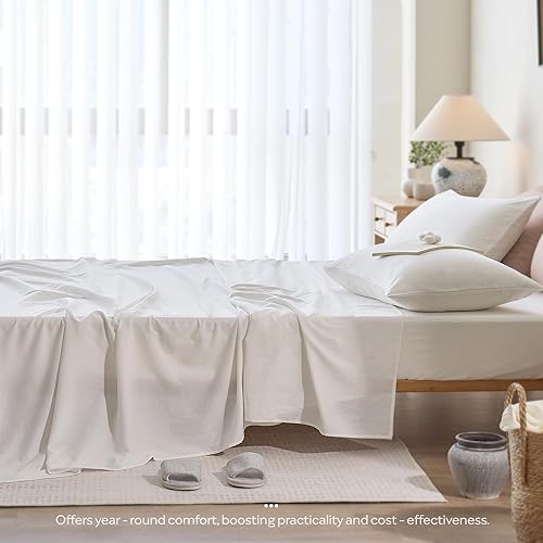 Miniatura 8 de JELLYMONI Juego de sábanas tamaño King, 4 piezas, algodón blanco crema, de fácil ajuste, 16 pulgadas de profundidad, 100% algodón lavado, suave y