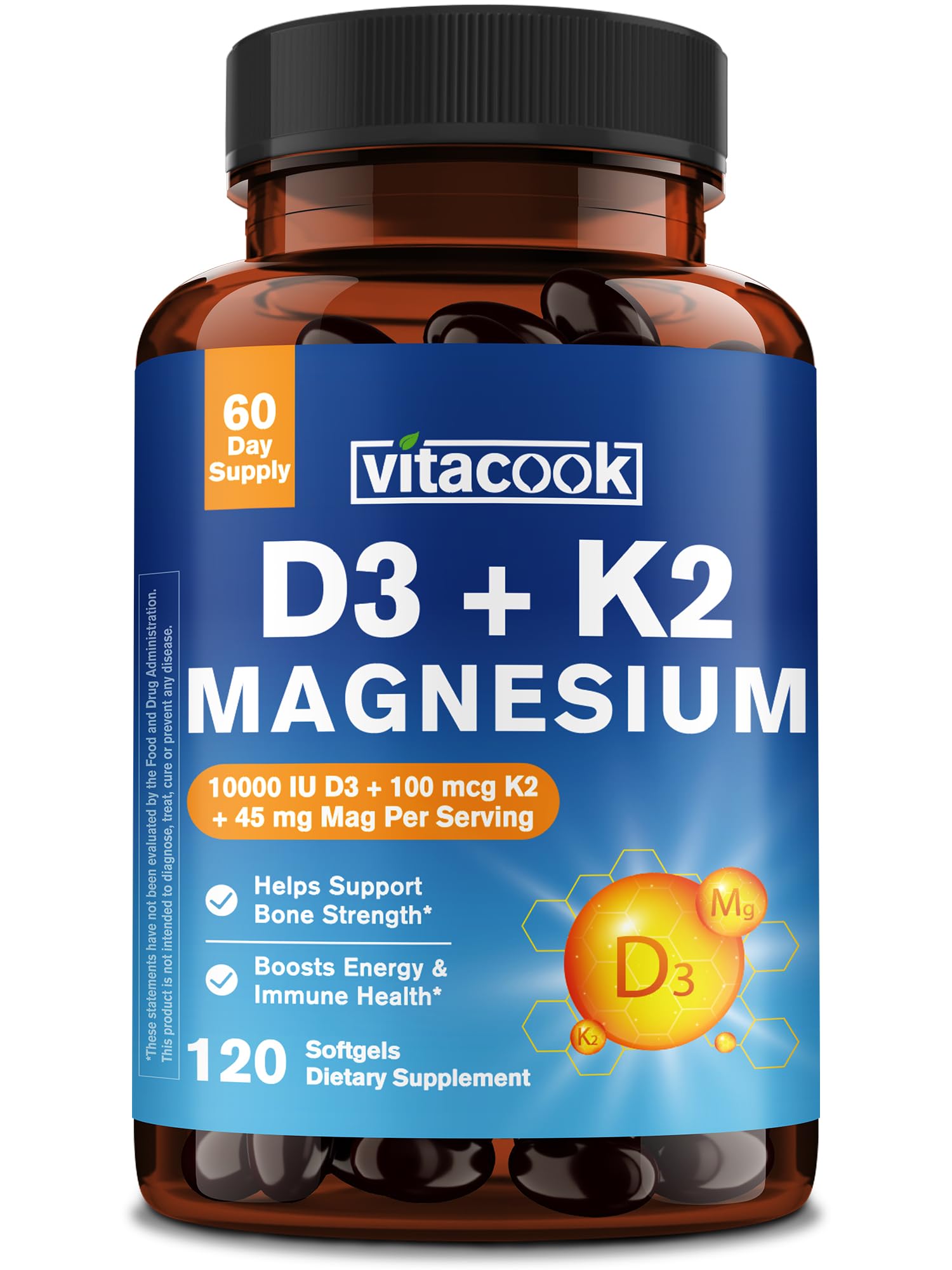 Vitamin D3 K2 Magnesium Supplement, 10000 IU D3, 100 mcg K2 (MK-7), with Chelated Magnesium Glycinate, Non-GMO, for Bone, Teeth, Energy, Immune Health Support, Easy to Swallow, 120 Softgels