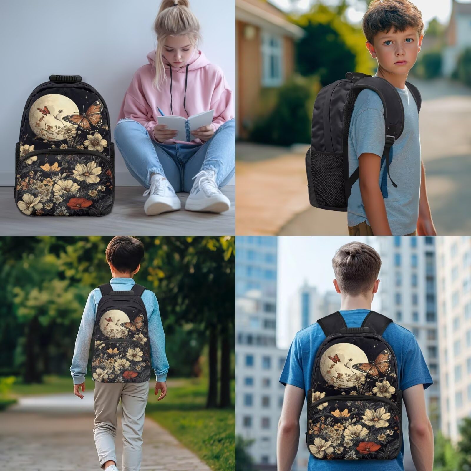 Dolyues Axolotl, set di 4 zaini, borsa per il pranzo per ragazze, astuccio per bambini, borsa per libri Kawaii di terza elementare, zaini per la scuola elementare, Farfalla Fiori Luna, Zaino daypack