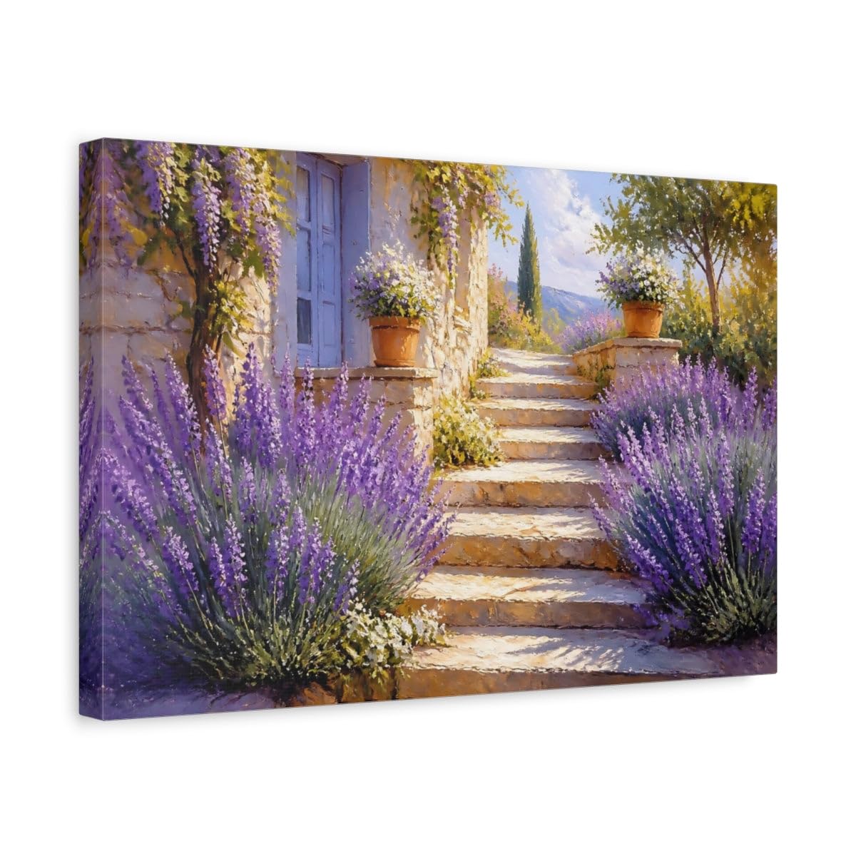 Sunlit Lavender Steps Canvas Print – Living Room, Above Fireplace, Purple & Warm Beige 18×12 inch (45×30 cm) - Horizontal / 1.25 inch (3 cm)