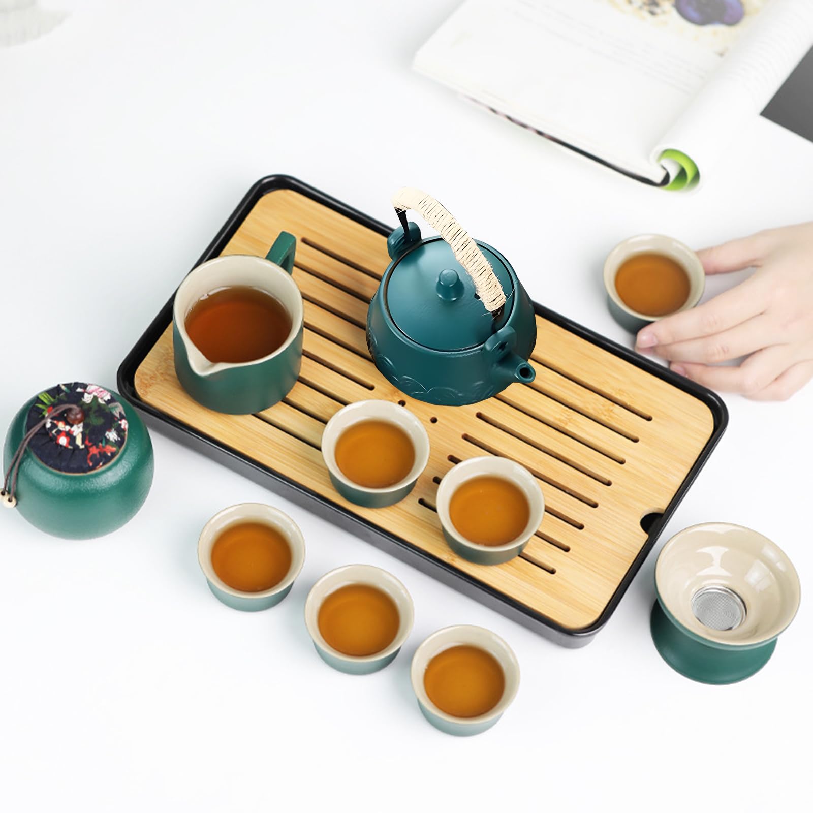 Servizio da tè giapponese, set da tè Kung Fu, 14 pezzi, in ceramica, portatile, con teiera, 6 tazze da tè e vassoio in bambù, borsa da viaggio inclusa, set da tè tradizionale per regalo, campeggio e