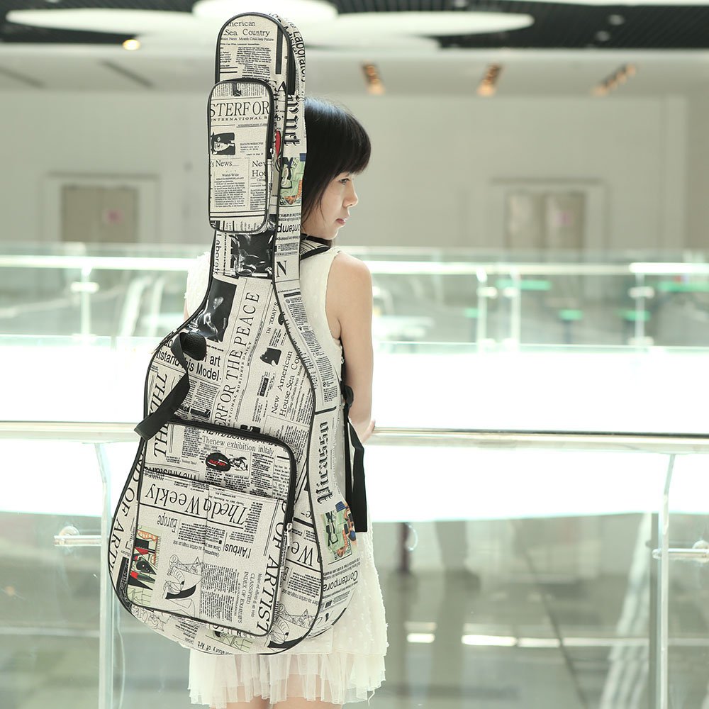 Btuty Custodia per chitarra da 104 cm, in tessuto Oxford 600D impermeabile, stile giornale, doppia cucitura, con cinghie imbottite, custodia per chitarra acustica classica folk da 104 cm, bianco e