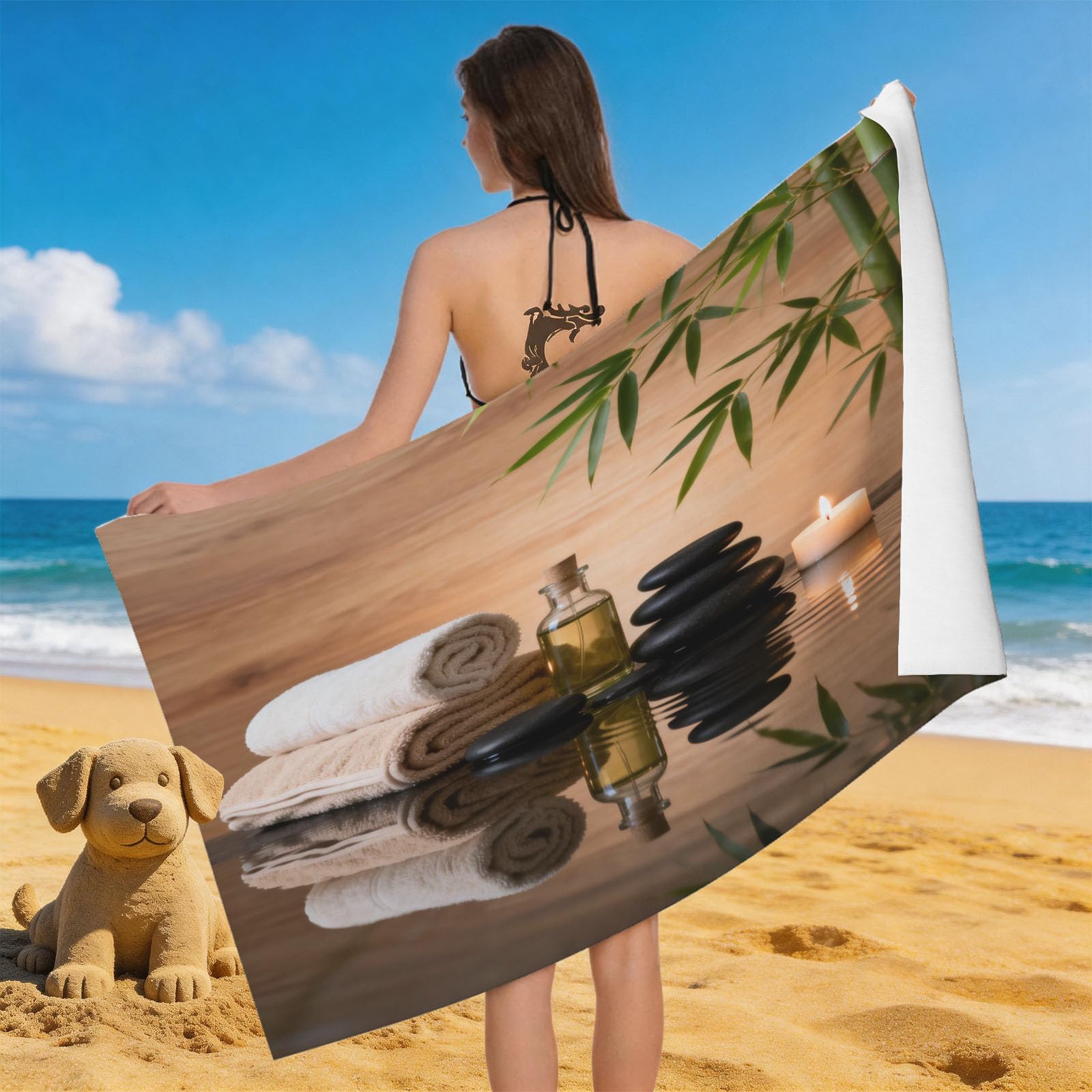 Leichong 3D Zen Beach Towel Microfiber Soft Quick Dry for Adults, Stone Pattern Bath Towel Lightweight Soft Absorbent for Travel Swimming Pool Sports, 75 x 150 cm