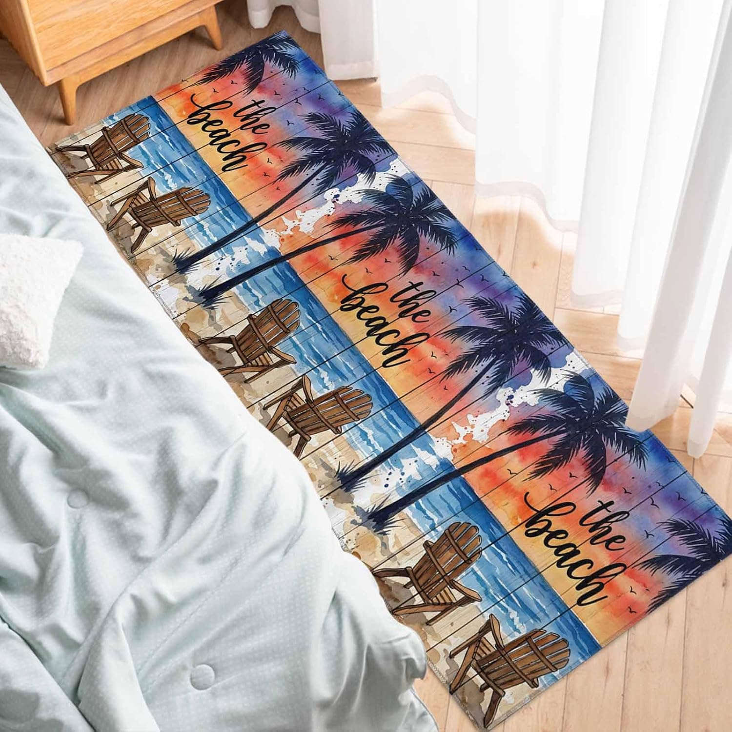 Kitchen Mats for Floor Watercolor Ocean Beach Recliners Washable Non Slip Kitchen Rugs 1PCS, Palm Trees Seagull Wood Grain Absorbent Standing Mats for Sink Bathroom Office Living Room 15.7x47.2in