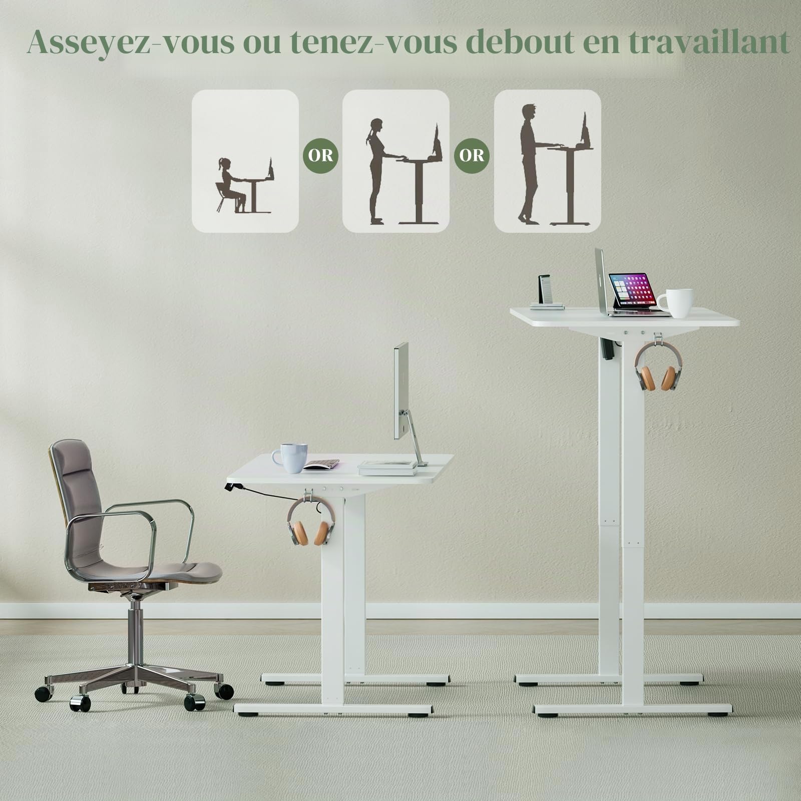 buybyroom Pied Bureau Assis Debout Électrique pour Plateaux de 110-160 CM avec Port de Charge USB, Bureau Reglable en Hauteur Electrique Blanc (sans Panneau)