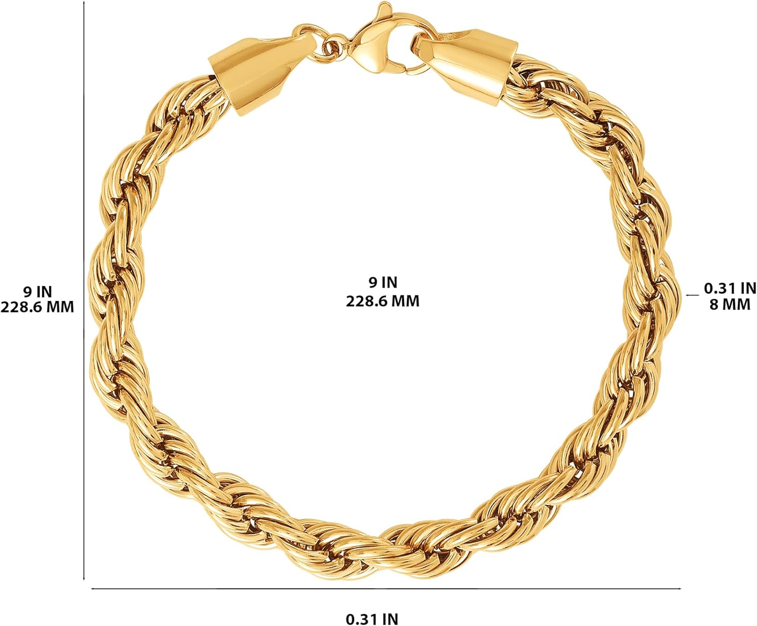 Lucky Brand Men’s Stainless Steel Rope Chain Bracelet - 8MM Gold-Tone Plated 9” Durable 316L Link Jewelry - Image 4