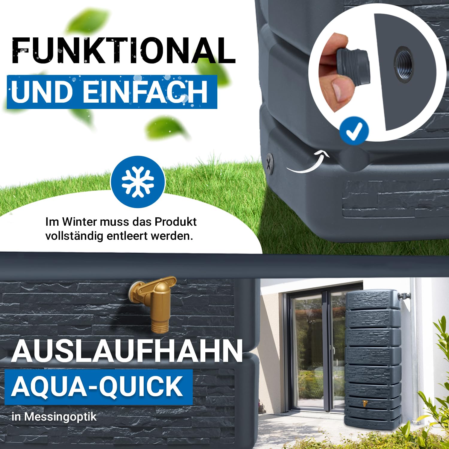 4rain Slim Stone Decor Regentonne Wandtank 500 Liter Graphite Grey - schmale Steinoptik für den Garten - Moderne Wasserentnahme mit Auslaufhahn - nachhaltige Aufstellung an der Hauswand mit Öffnung