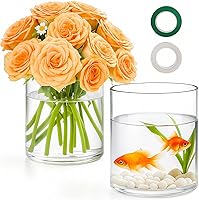 Vista 1 de 2Pcs Glass Cylinder Vases for Centerpieces, 6" x 4.7" Wide Mouth Flower Vase Hurricane Glass Candle Holders, Clear Vases Bulk with 2 Floral Tapes