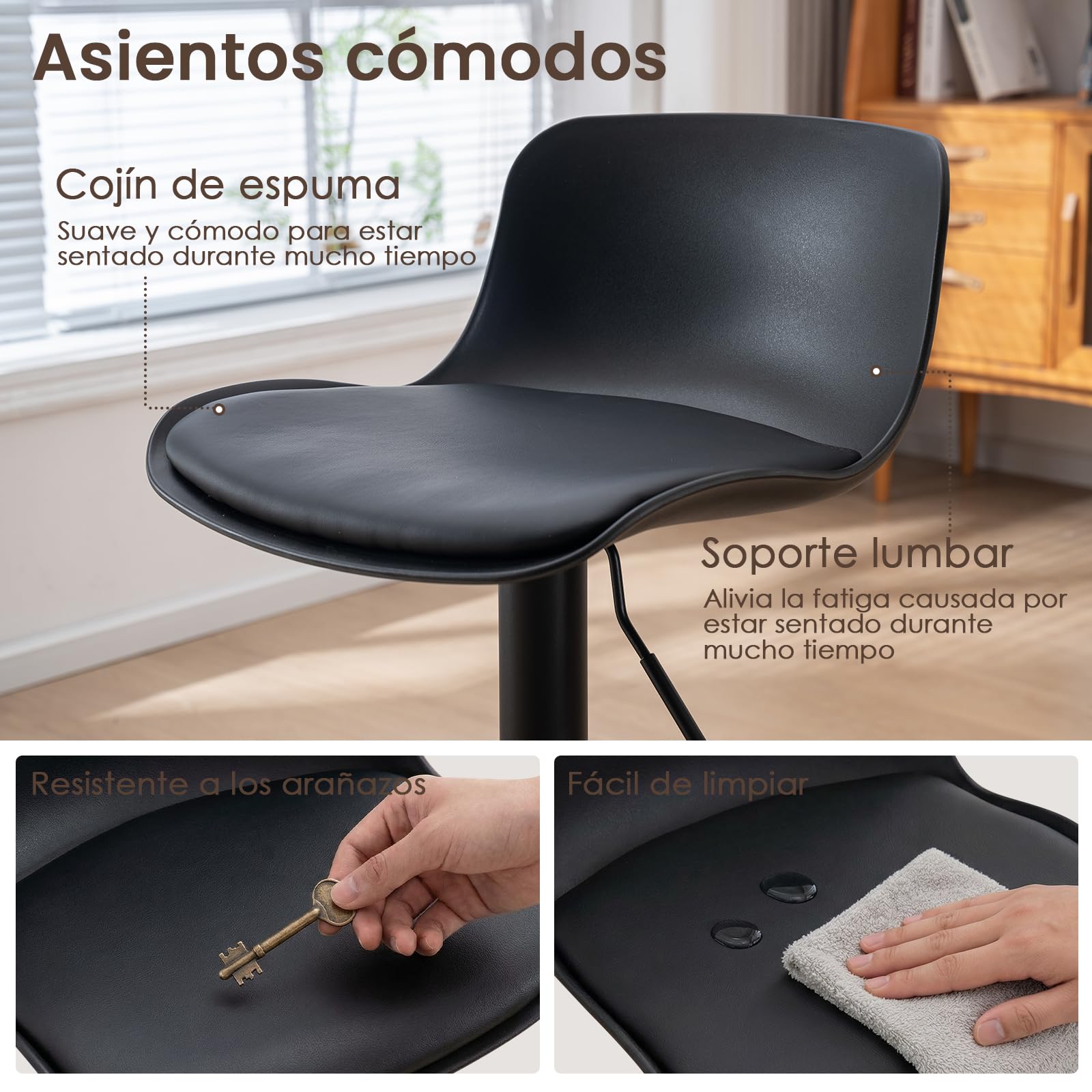 Kidol & Shellder Juego de 2 taburetes de Bar con Respaldo de Altura Ajustable, Color Negro, sillas de Bar giratorias, taburetes de Cocina para Cocina y mostrador