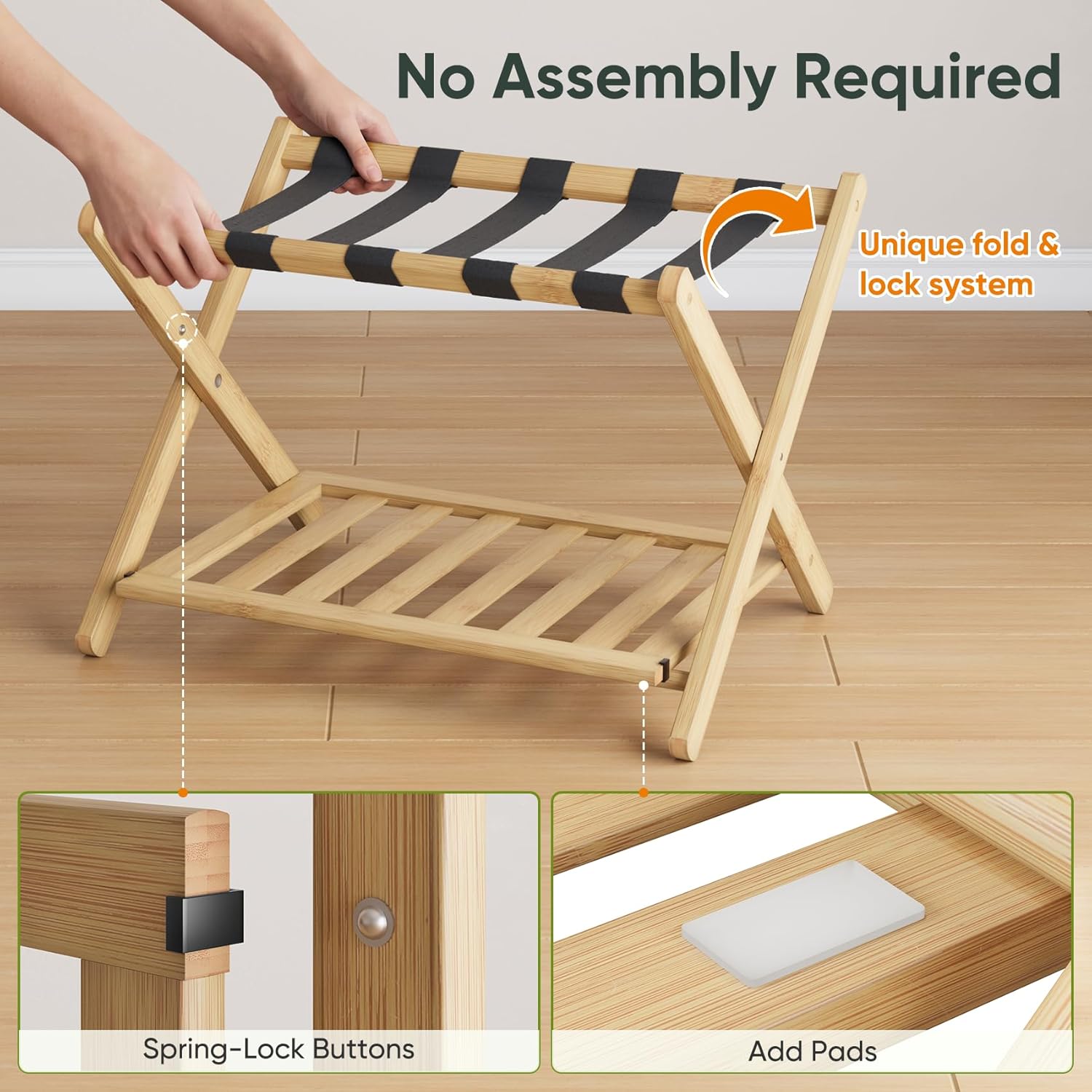 Fully Assembled Luggage Racks Pack of 2, Folding Suitcase Stand with Storage Shelf, Bamboo Luggage Stand with 5 Nylon Straps for Guest Room, Bedroom, Heavy Duty, Natural