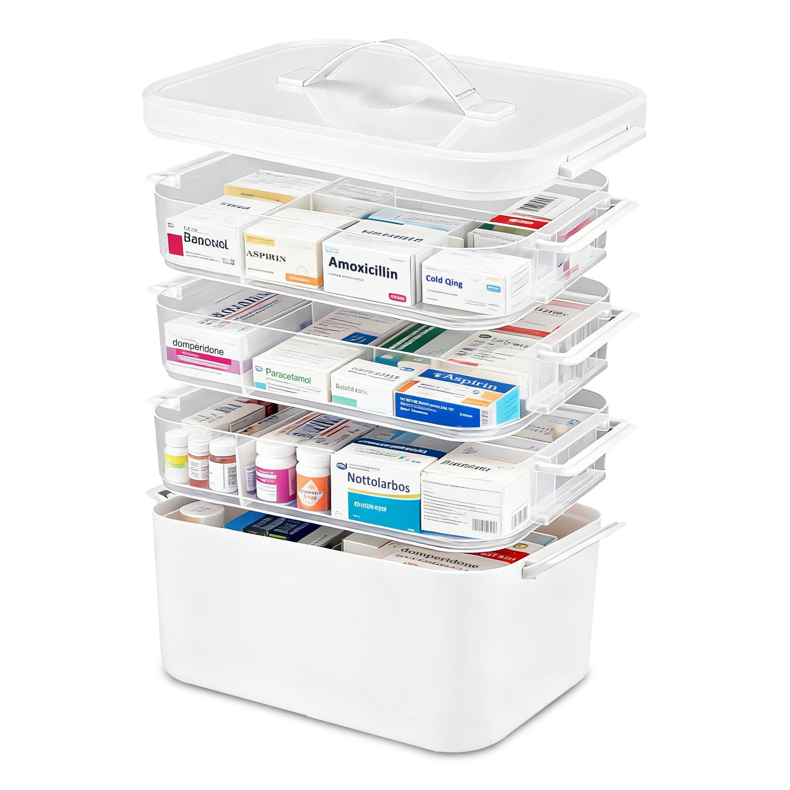 4 Étages Boite Pharmacie, Grande Capacité Rangement de médicaments avec poignée de transport, compartimentée et multifonctionnelle, Boîte à Médicaments Rangement pour la maison, 28 x 19 x 27 cm