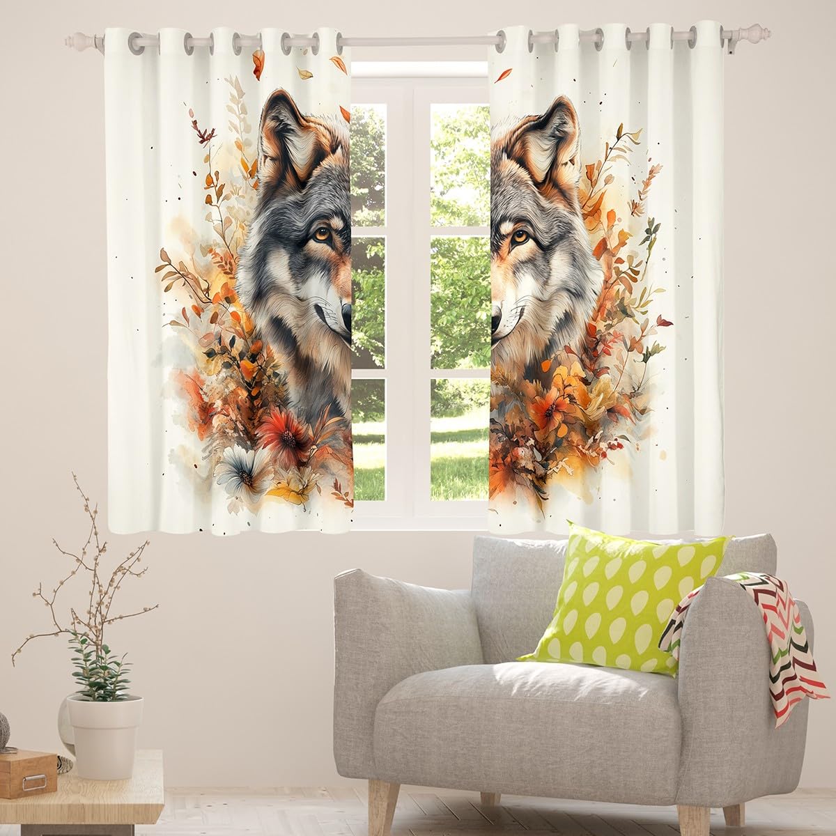 Loussiesd Wolf Vorhänge 245x140cm Tierwölfe Blickdichte Vorhänge Blumen und Pflanzen Fenstervorhang Wildtiere Blickdichte Vorhänge Zimmer Dekor Orange Weiß Gardinen