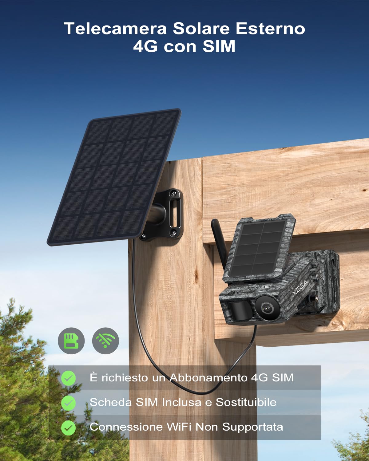 Xega 2K 4G Telecamera Solare con Scheda SIM,2 Pannelli Solari,senza WiFi