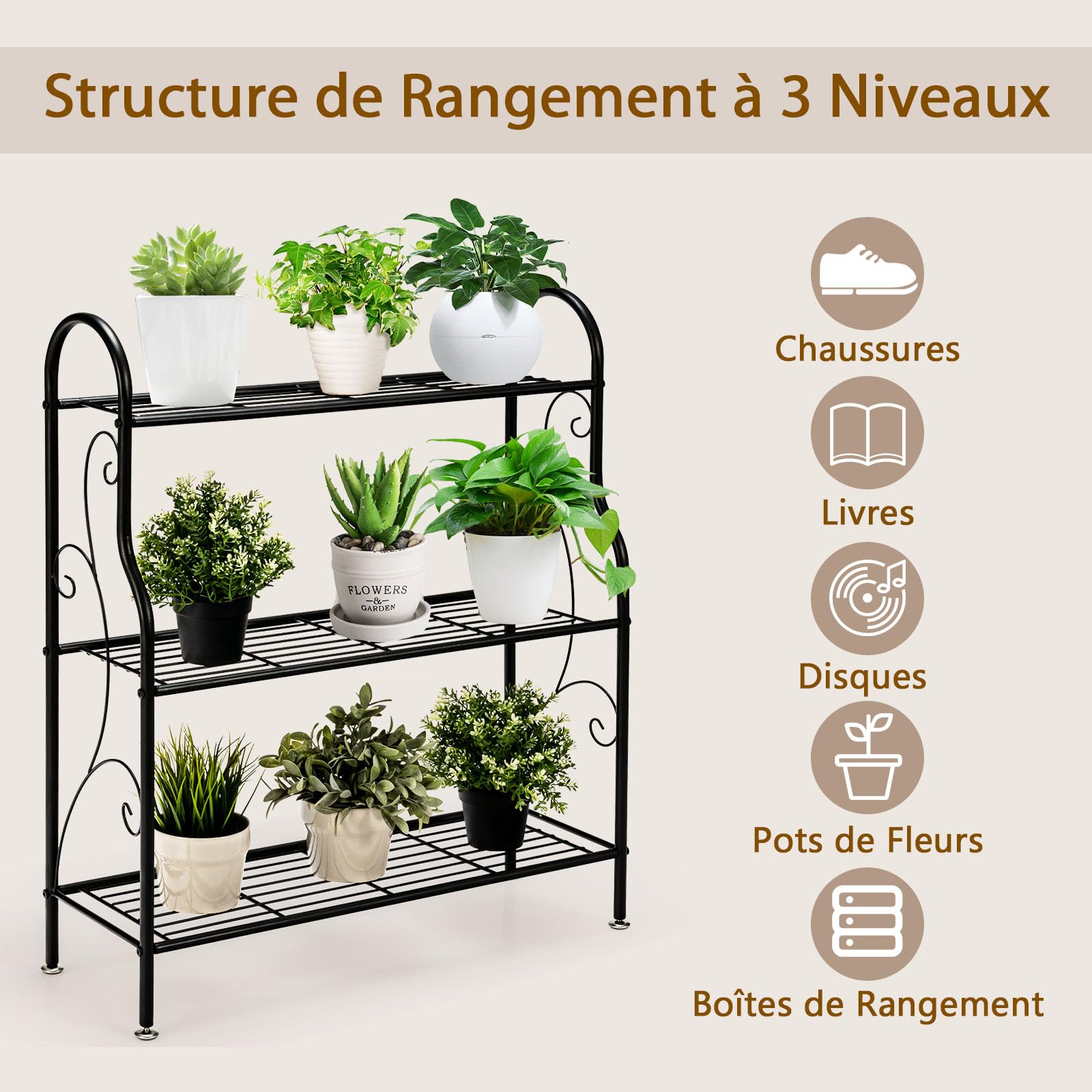 GOPLUS 3 Niveaux Support pour Plantes en Métal, Étagères Ouvertes et Pieds Réglables, Étagère en Fer Imperméable pour Utilisation Intérieure et Extérieure, Noir