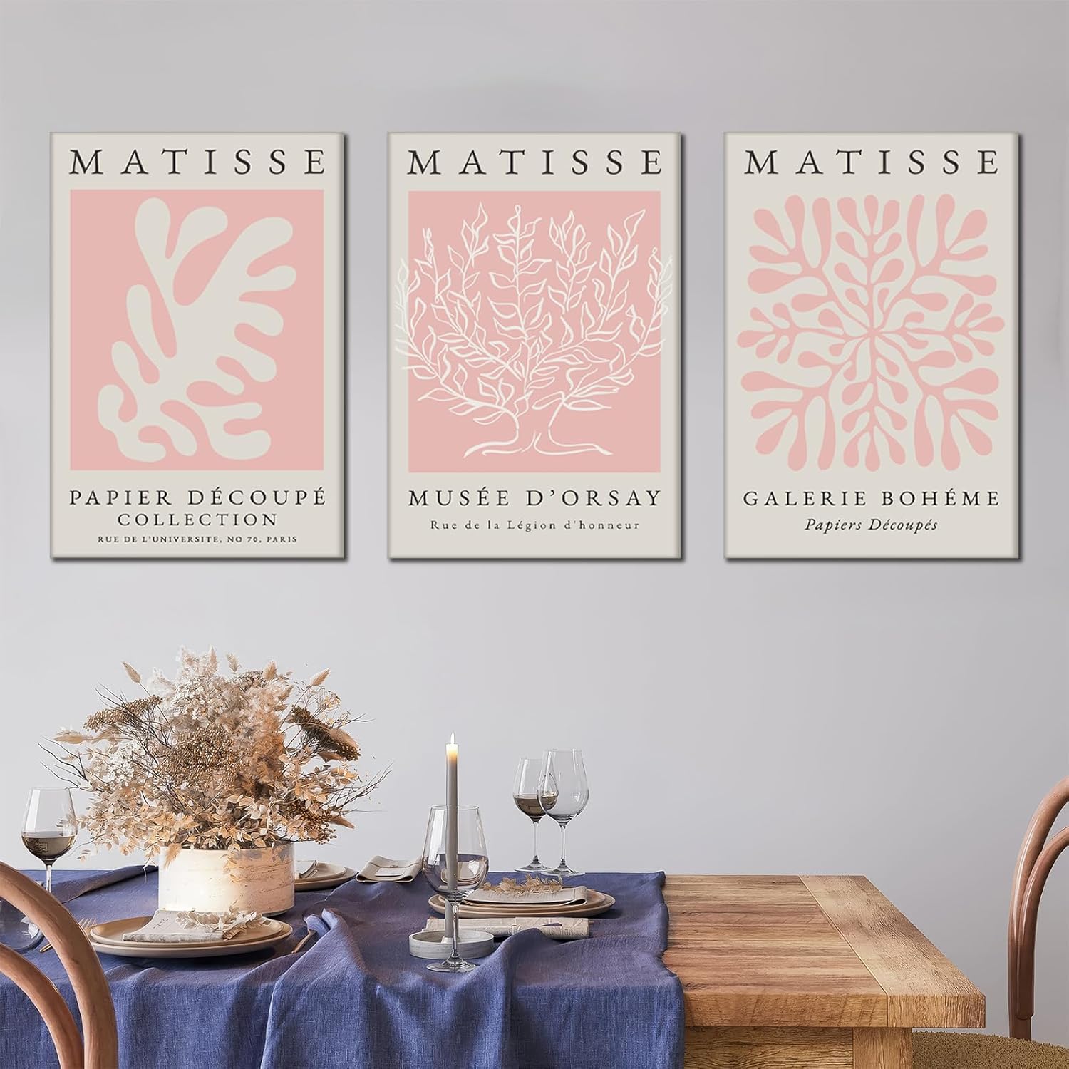 Pink Matisse Wall Art Set of 3, Abstract Matisse Wall Decor, Light Pink Canvas Painting Prints Minimalist Modern Aesthetic Posters Pictures for Living Room Bedroom Bathroom16x24 in Framed