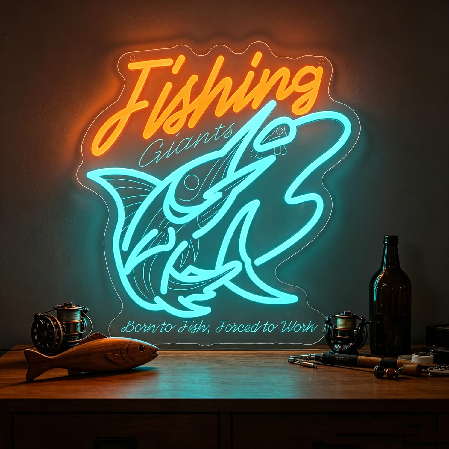 Born to Fish, Forced to Work Neon Sign LED Neon Fishing Sign Light Up for Wall Decor, Dimmable USB Powered Neon Light for Man Cave Fishing Gear Shop Bedroom Yacht Decor, Gift for Fisherman 13”x12”