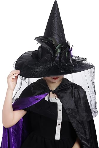 Miniatura 5 de Sombrero de bruja para mujer, sombrero de bruja grande fruncido con plumas de velo, arañas, disfraces de cosplay para fiesta de Halloween